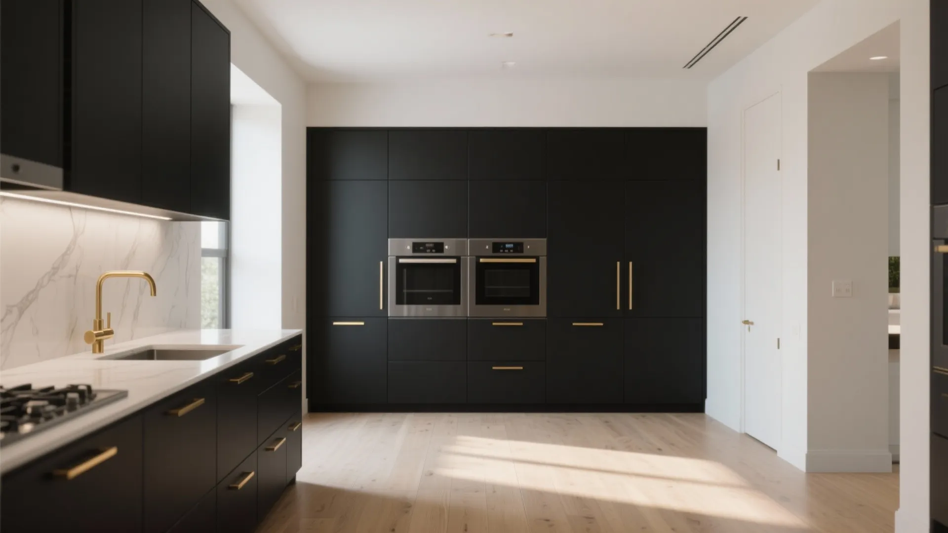 Minimalist black kitchen with brass handles two integrated ovens white marble countertop and light wood