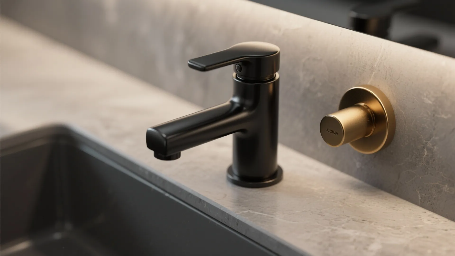 Macro detail of a matte black faucet and brushed brass pull on a gray vanity.