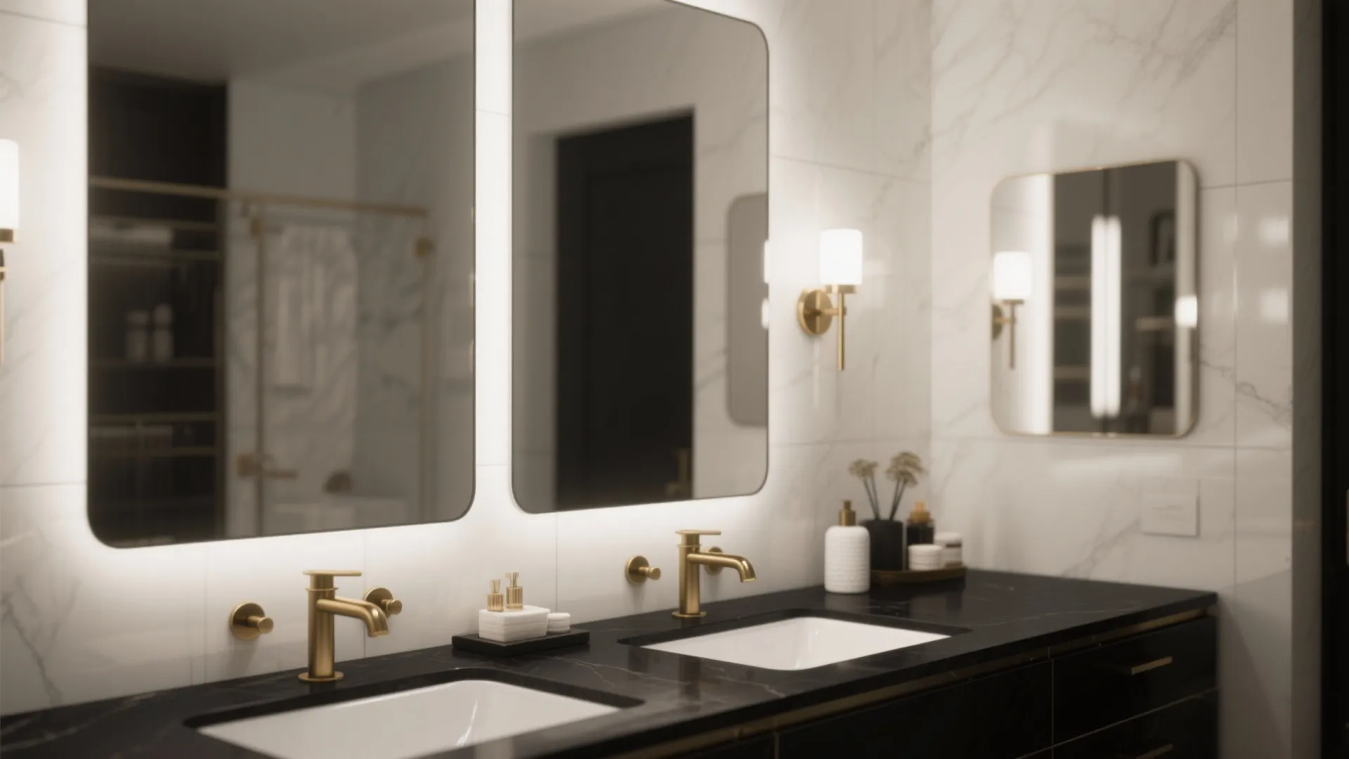 3. Black vanity with brass hardware and mirrored wall