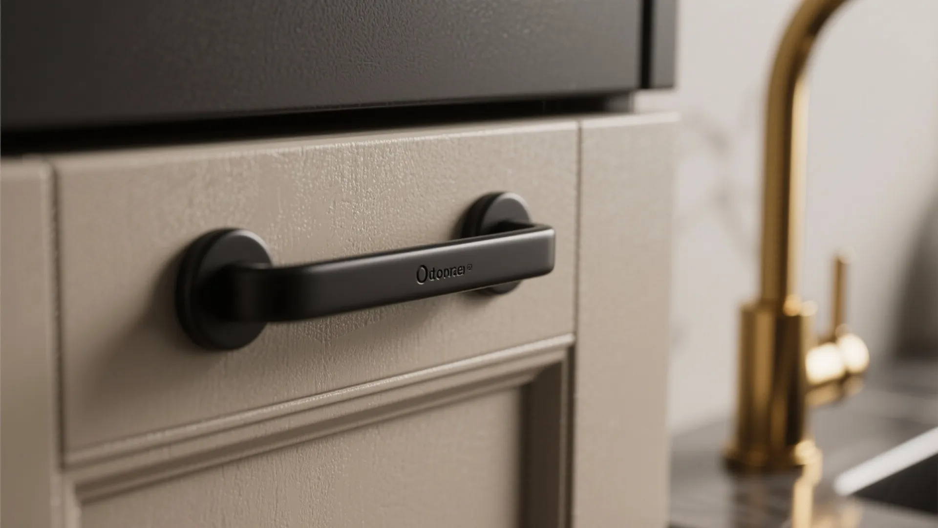 Black matte handle on beige cabinet door with a gold kitchen tap in the blurred background