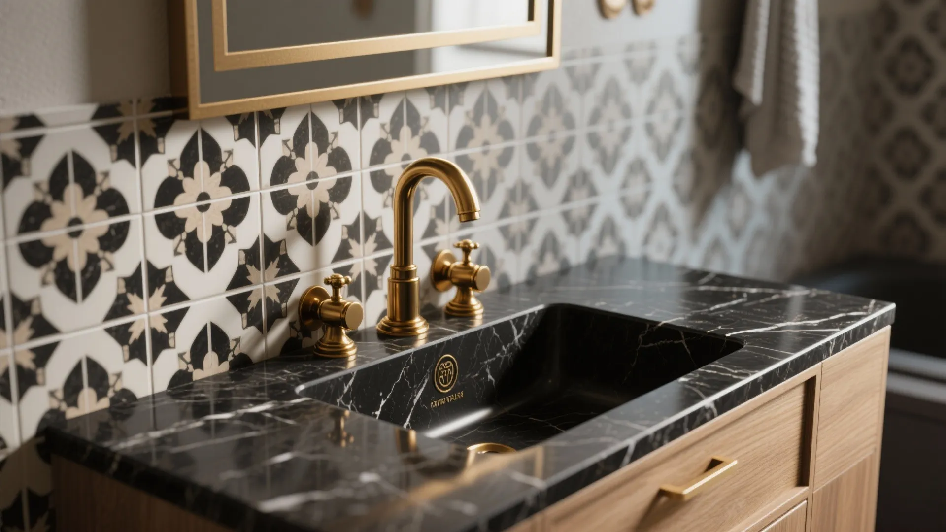 3. Black countertop, brass fixtures, and patterned tile backsplash