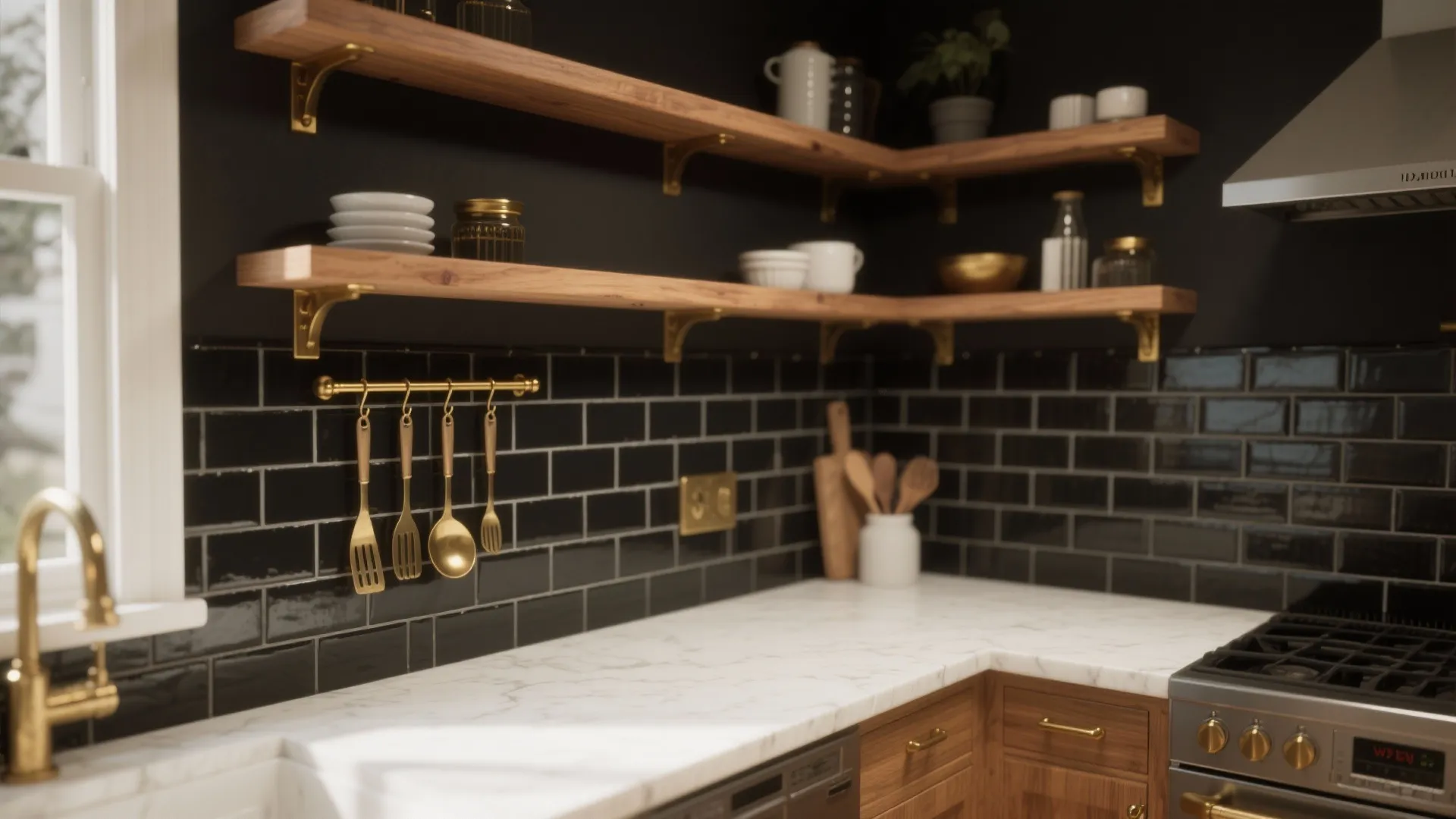 Kitchen corner with wood shelves black tiles white marble countertop gold hardware and cooking tools