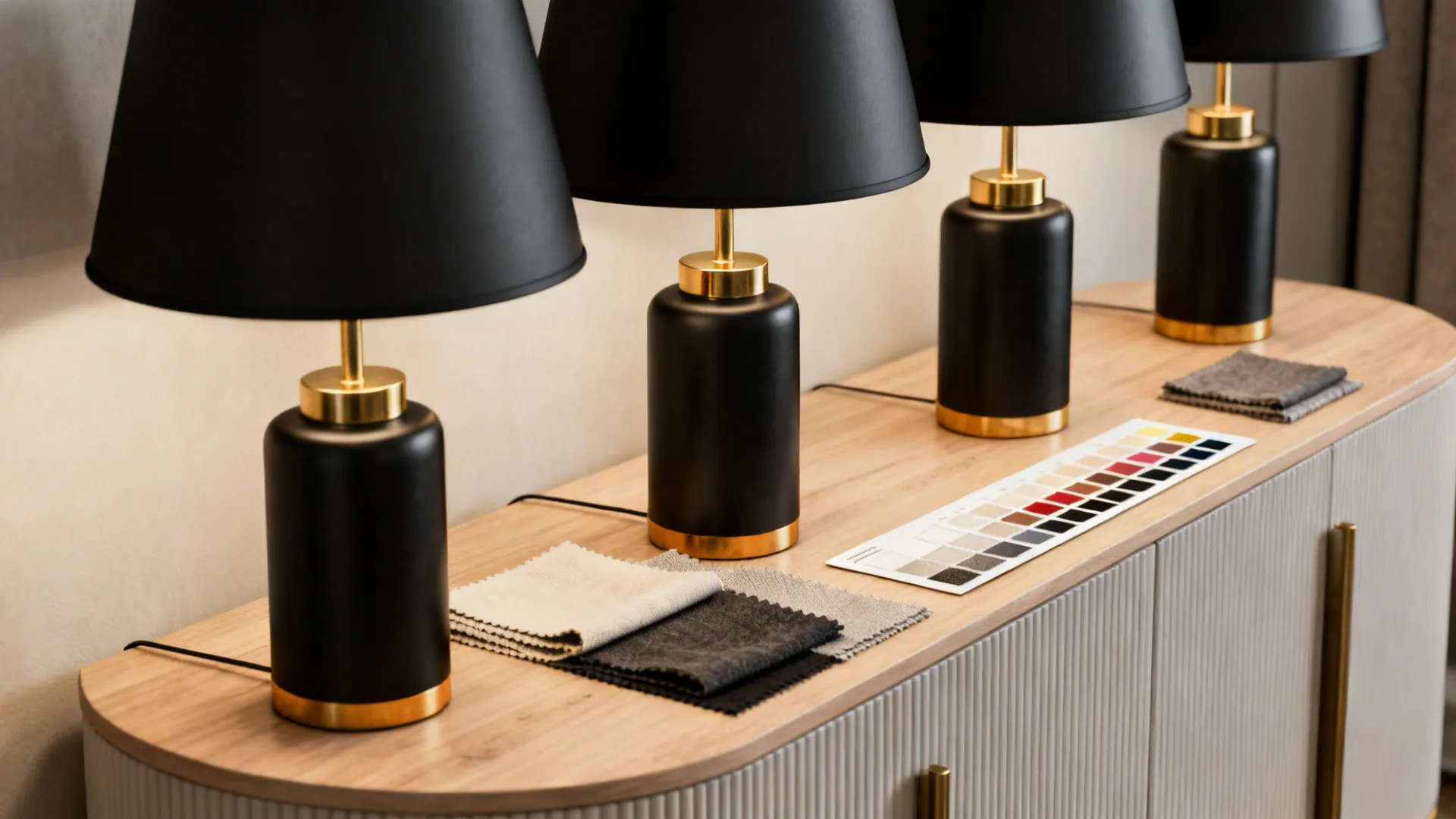 Black table lamps with warm brass accents on a light wood side table with fabric swatches