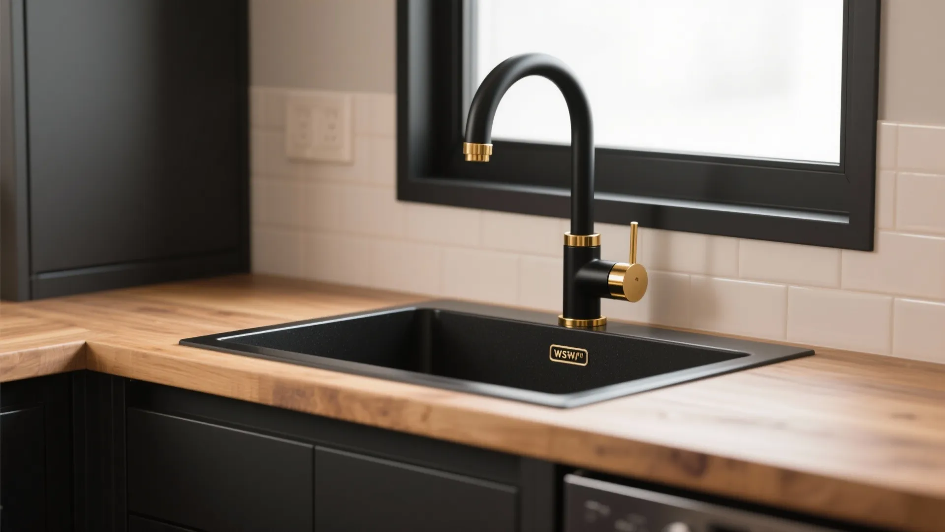 Modern black and gold water tap on wooden countertop with black sink in bright kitchen