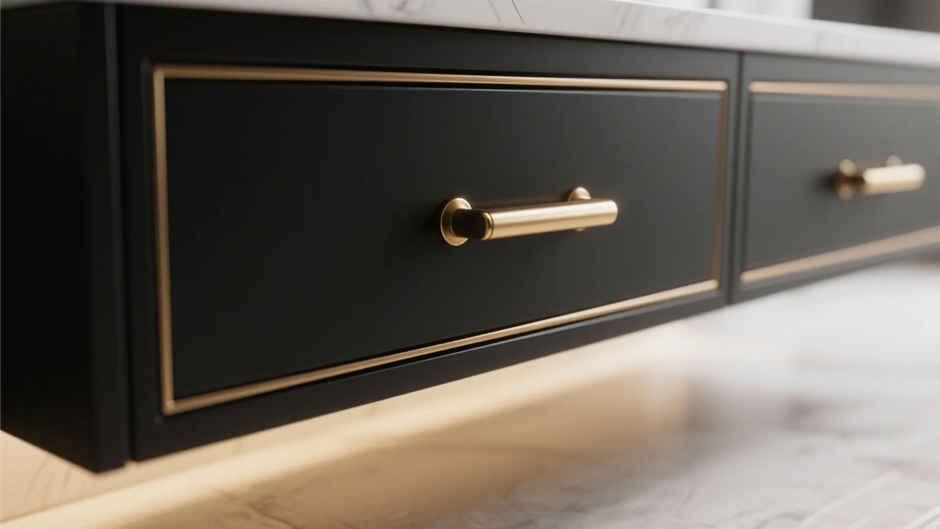 Black vanity with brass handles in warm light