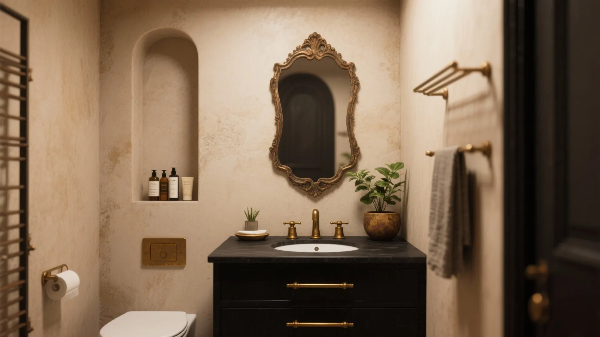 5. Black vanity with brass accents and vintage mirror