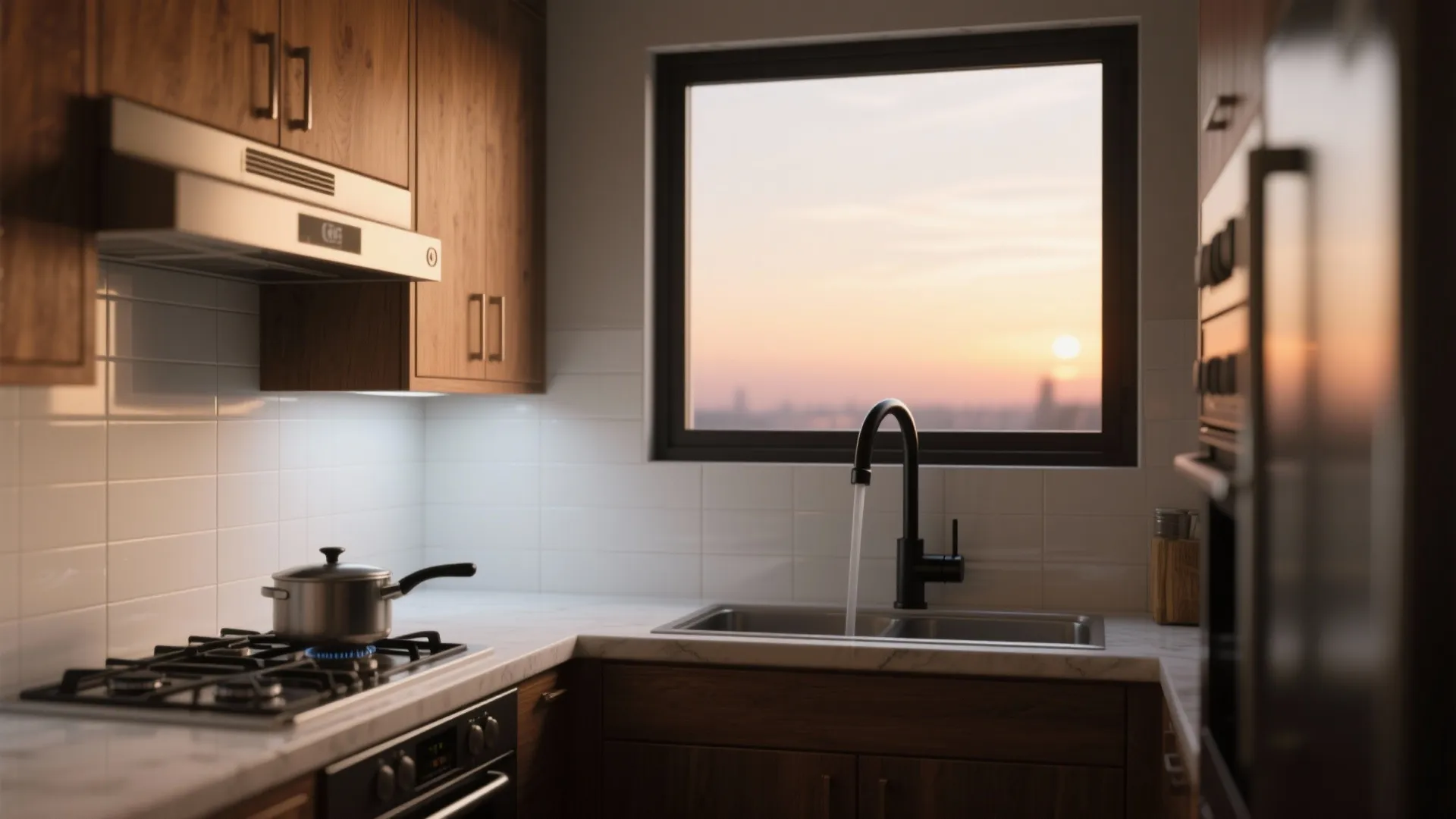 Modern kitchen with wood cabinets white tiles black faucet and pot on stove during sunset