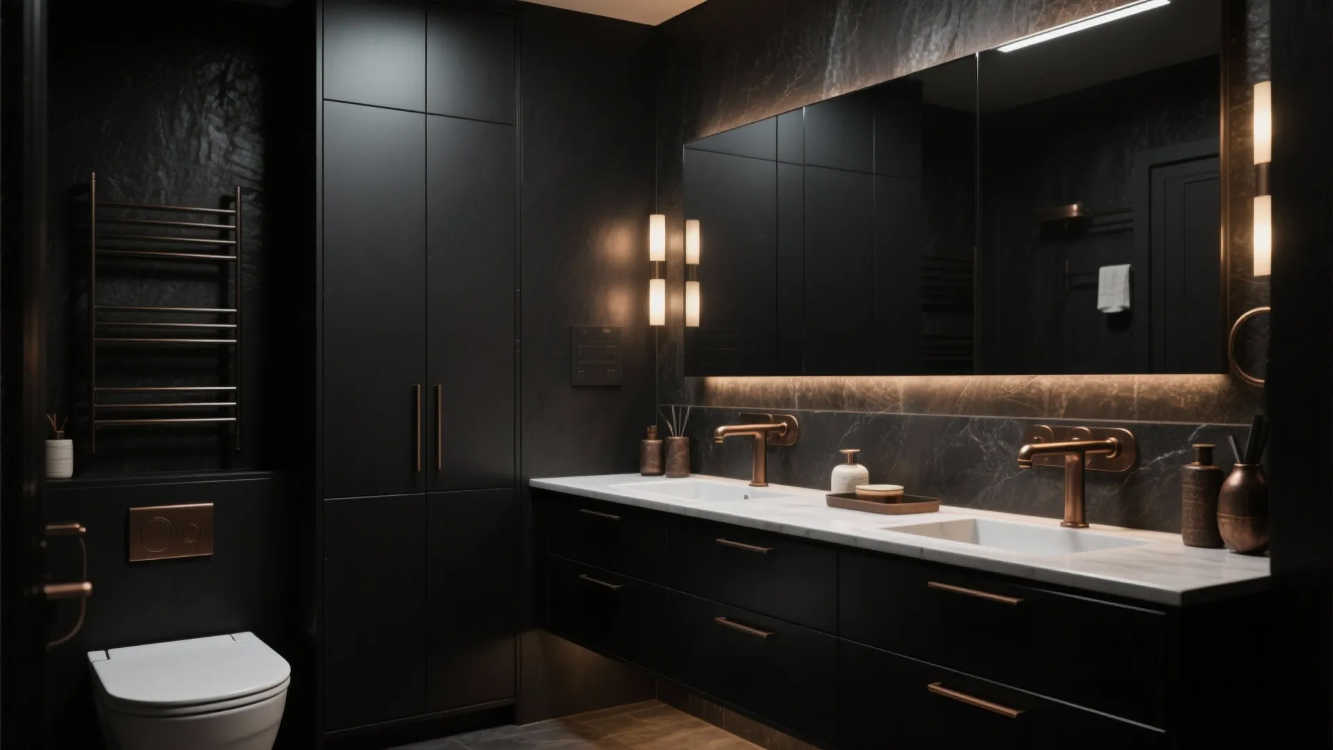 Modern black bathroom with double white sinks bronze faucets large mirror and wall light fixtures