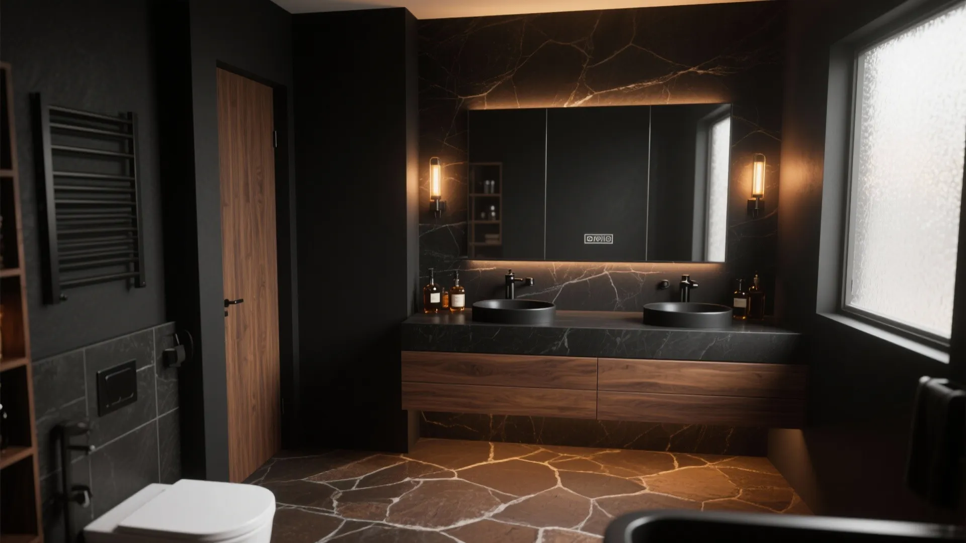 Modern dark bathroom featuring black marble walls double sinks wooden cabinet mirror and soft warm lighting