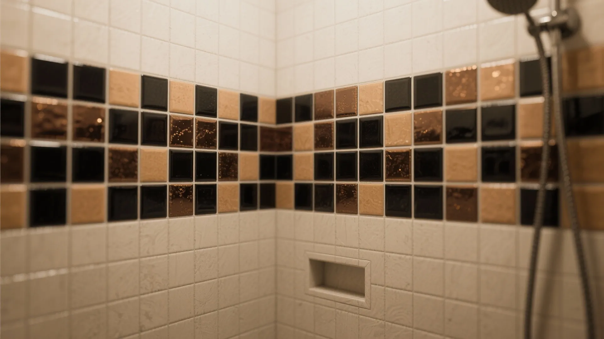 Close up of bathroom wall with white square tiles and decorative black and brown mosaic pattern