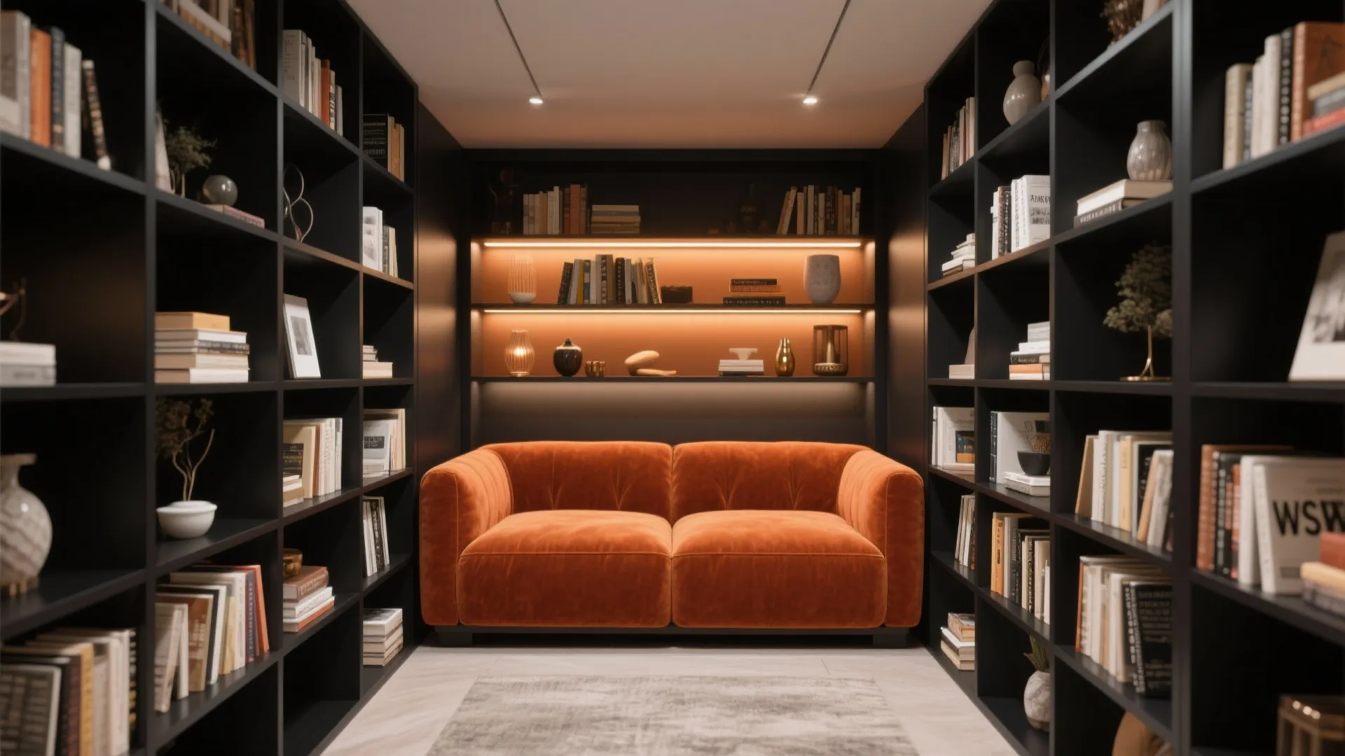 Orange sofa between black bookshelves filled with books in a cozy room with warm lighting