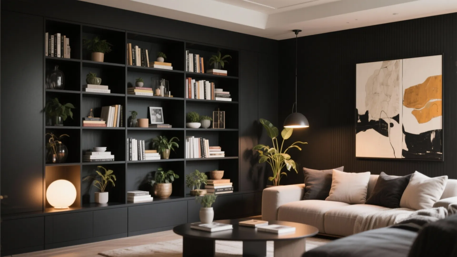 Modern living room featuring black wall cabinet with books plants sofa coffee table and art