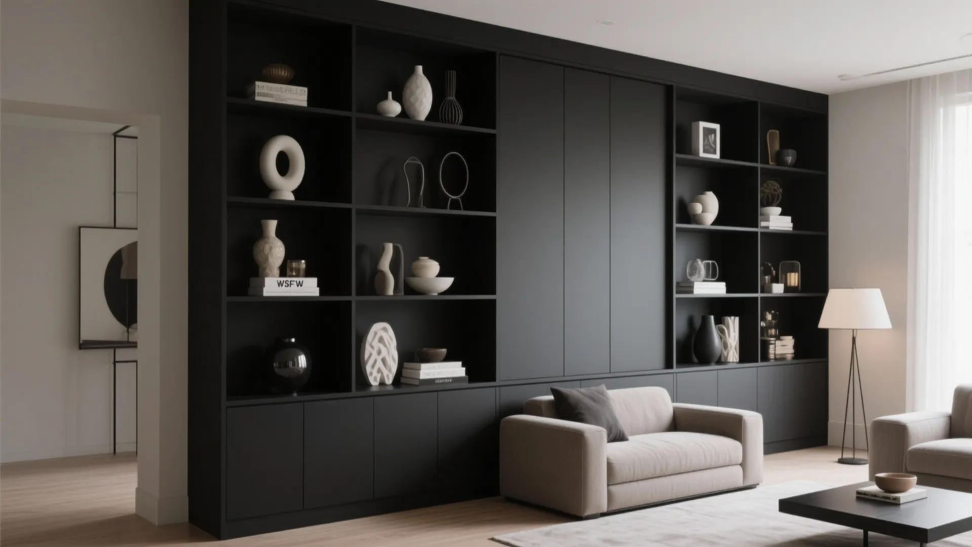 6. Black Wall with Built-in Shelving