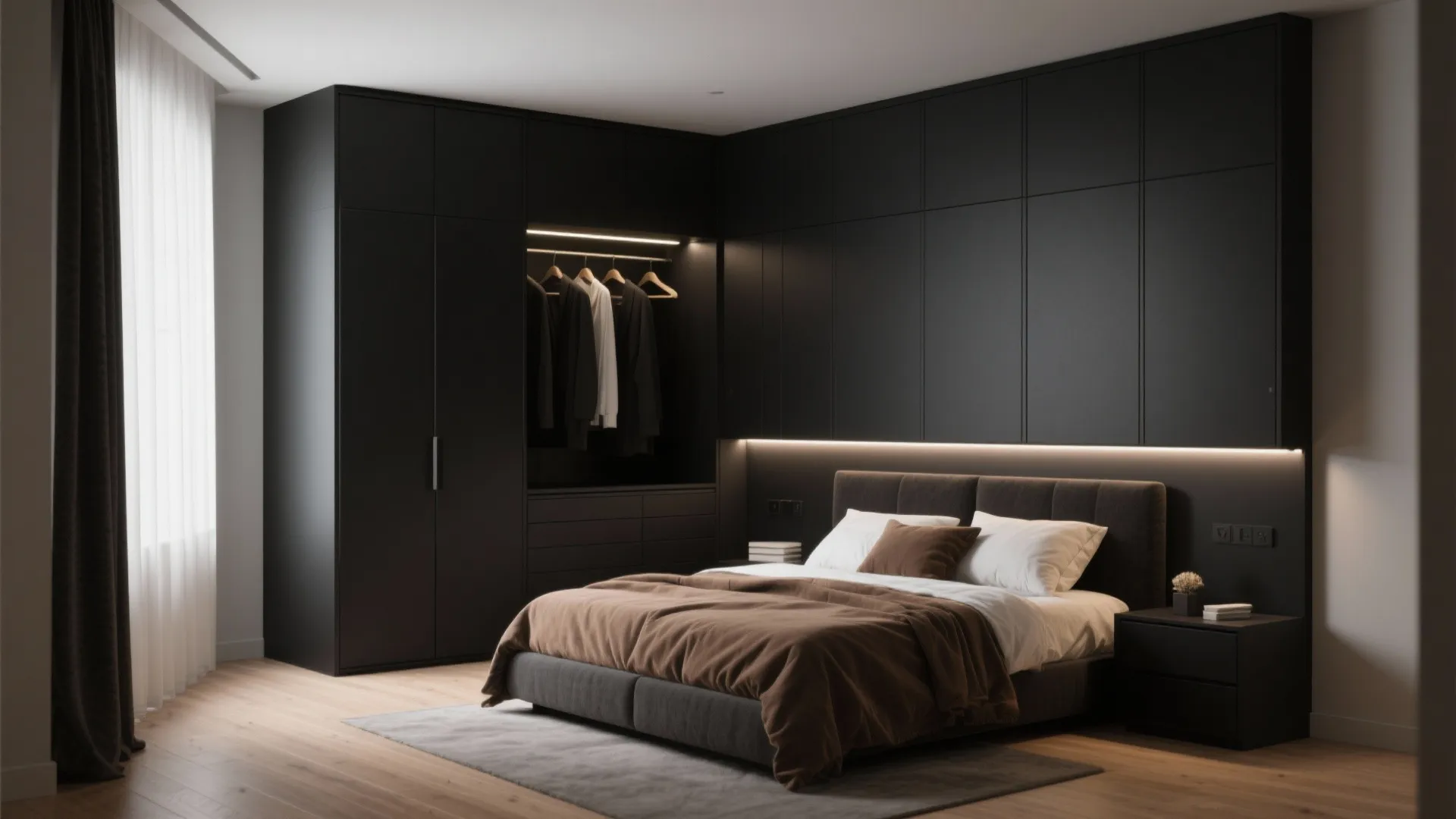 Modern bedroom with large black wall cabinet, brown bed, wood floor, and soft natural light