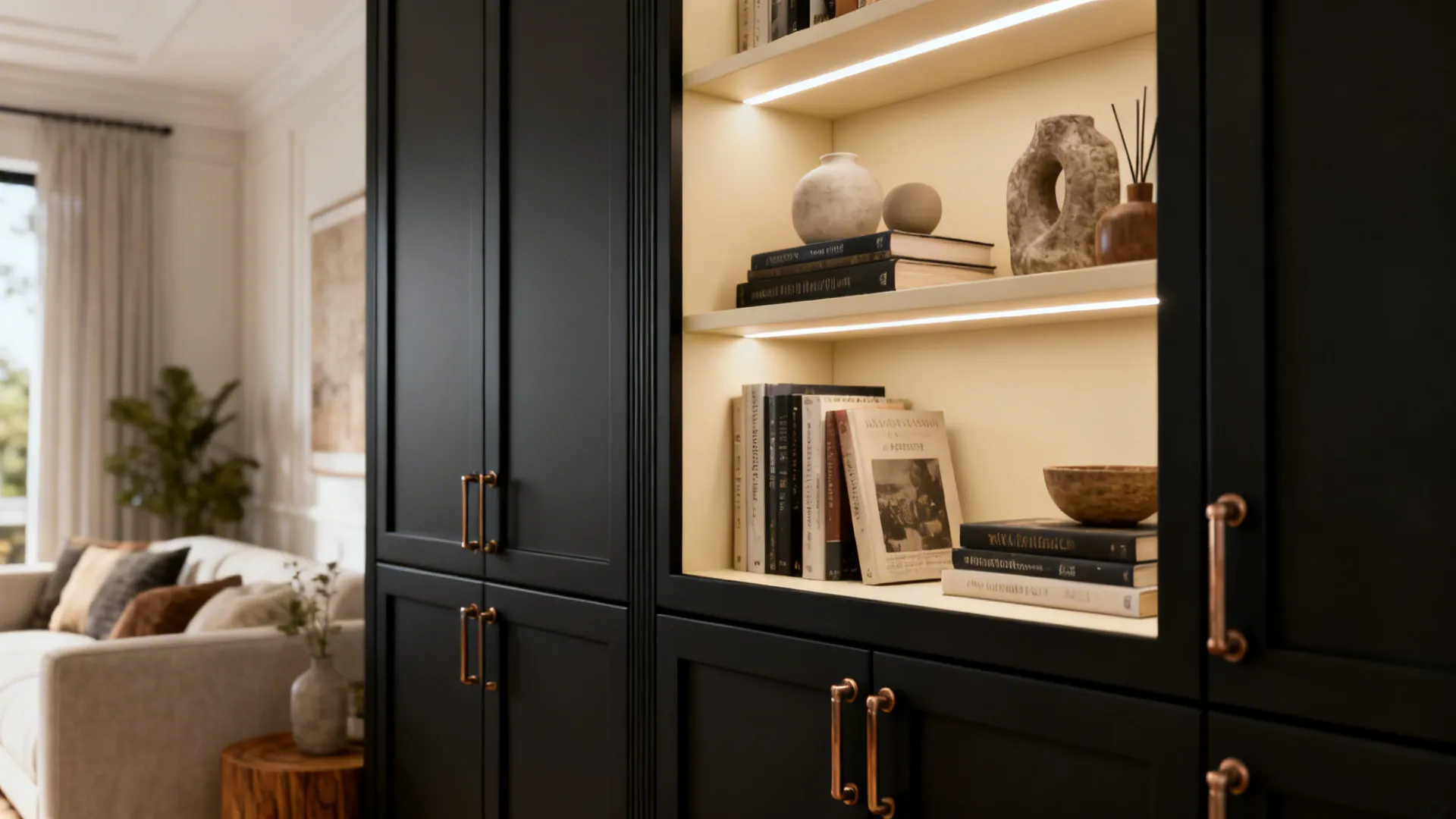 Matte black built-ins with cream interior shelves holding curated decor.