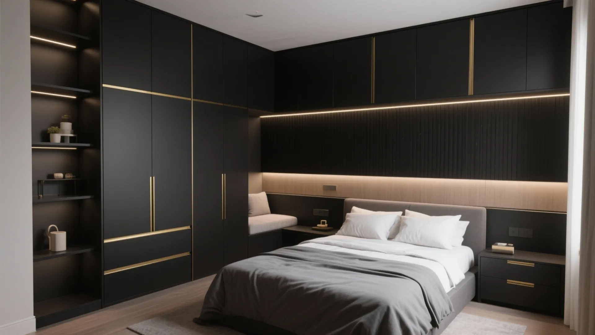 Small bedroom with matte black built-in cabinets accented by thin gold trim and integrated storage.