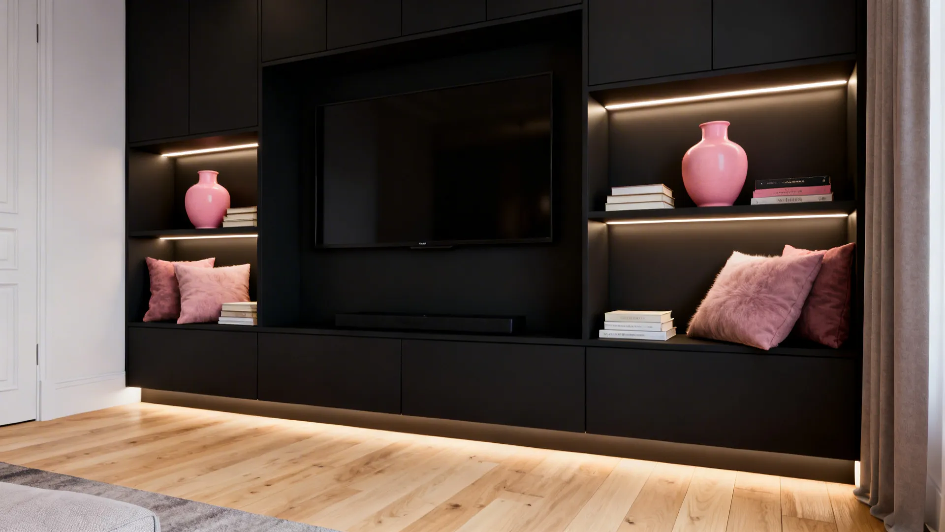 4. Black Built-ins and Pink Decorative Layers
