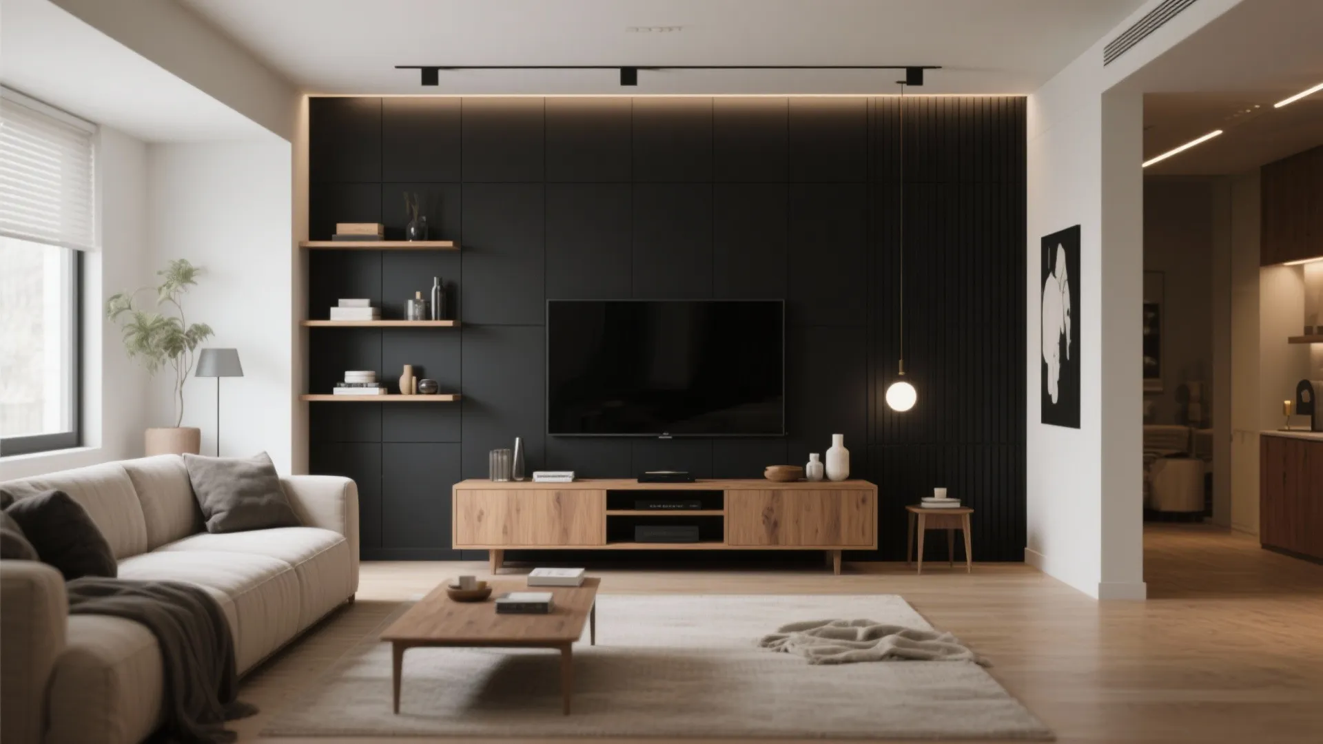 4. Black feature + integrated shelving for small living rooms