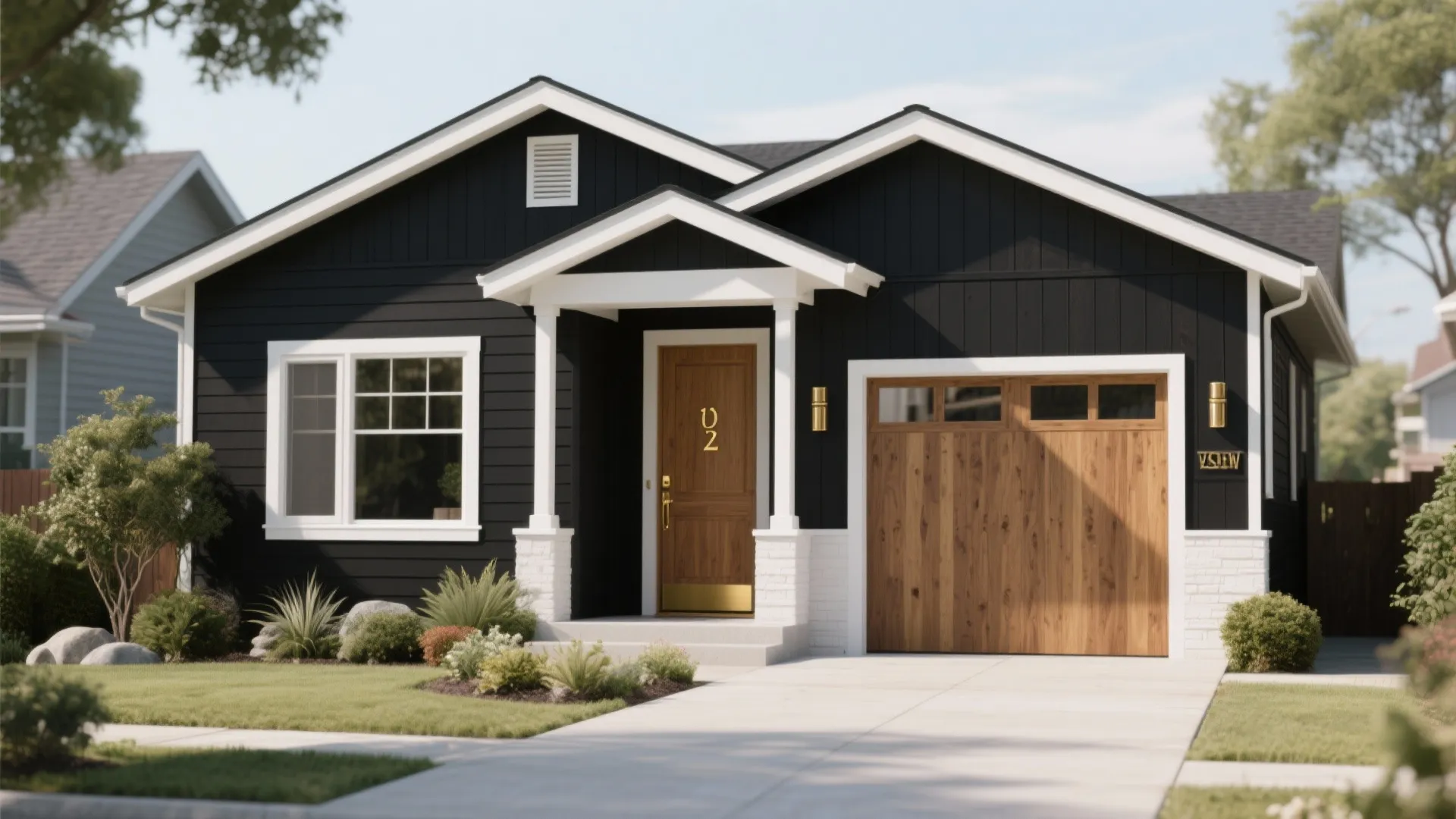 Modern black house exterior with white trim wood front door and attached wooden garage door