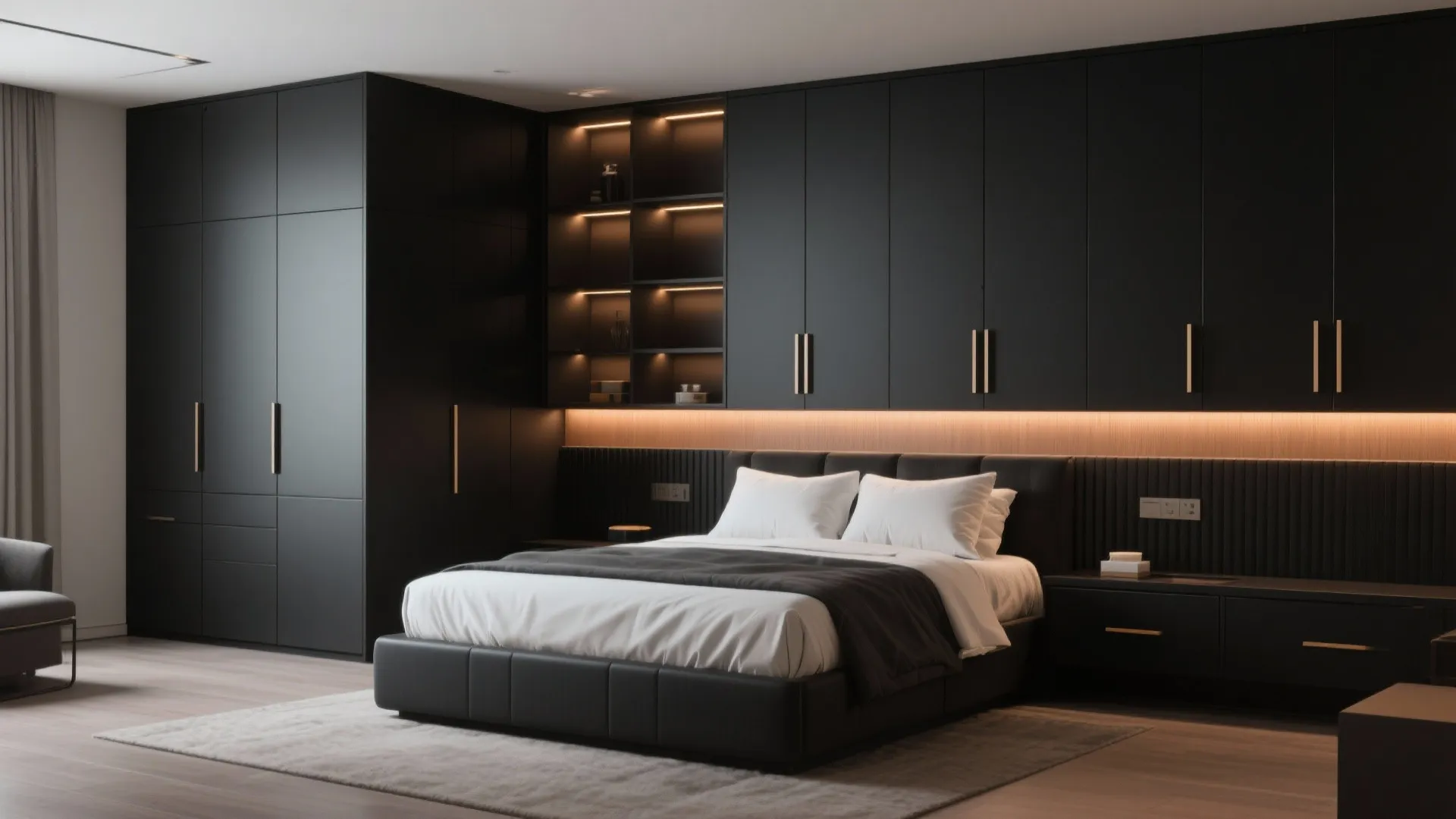 5. Black cabinetry with integrated lighting