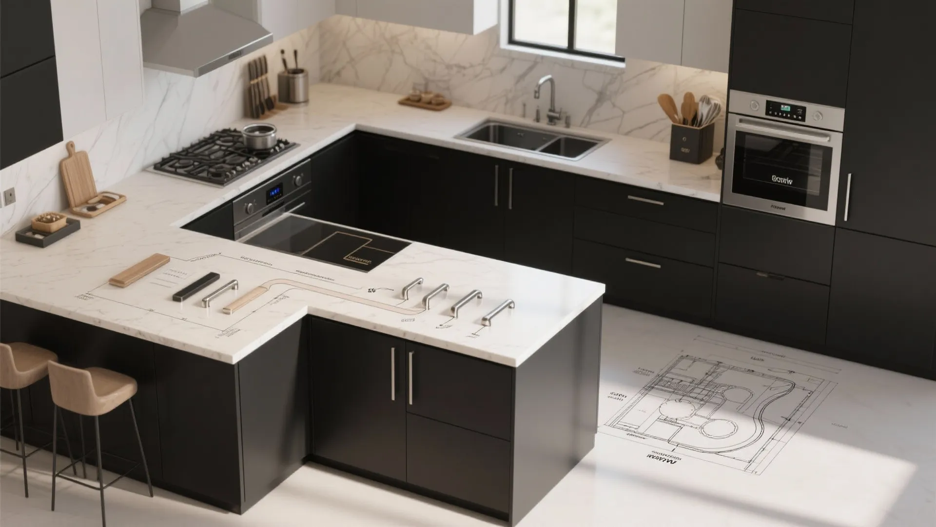 Top-down kitchen planner view showing black lower cabinets, appliance layout, and traffic flow overlays.