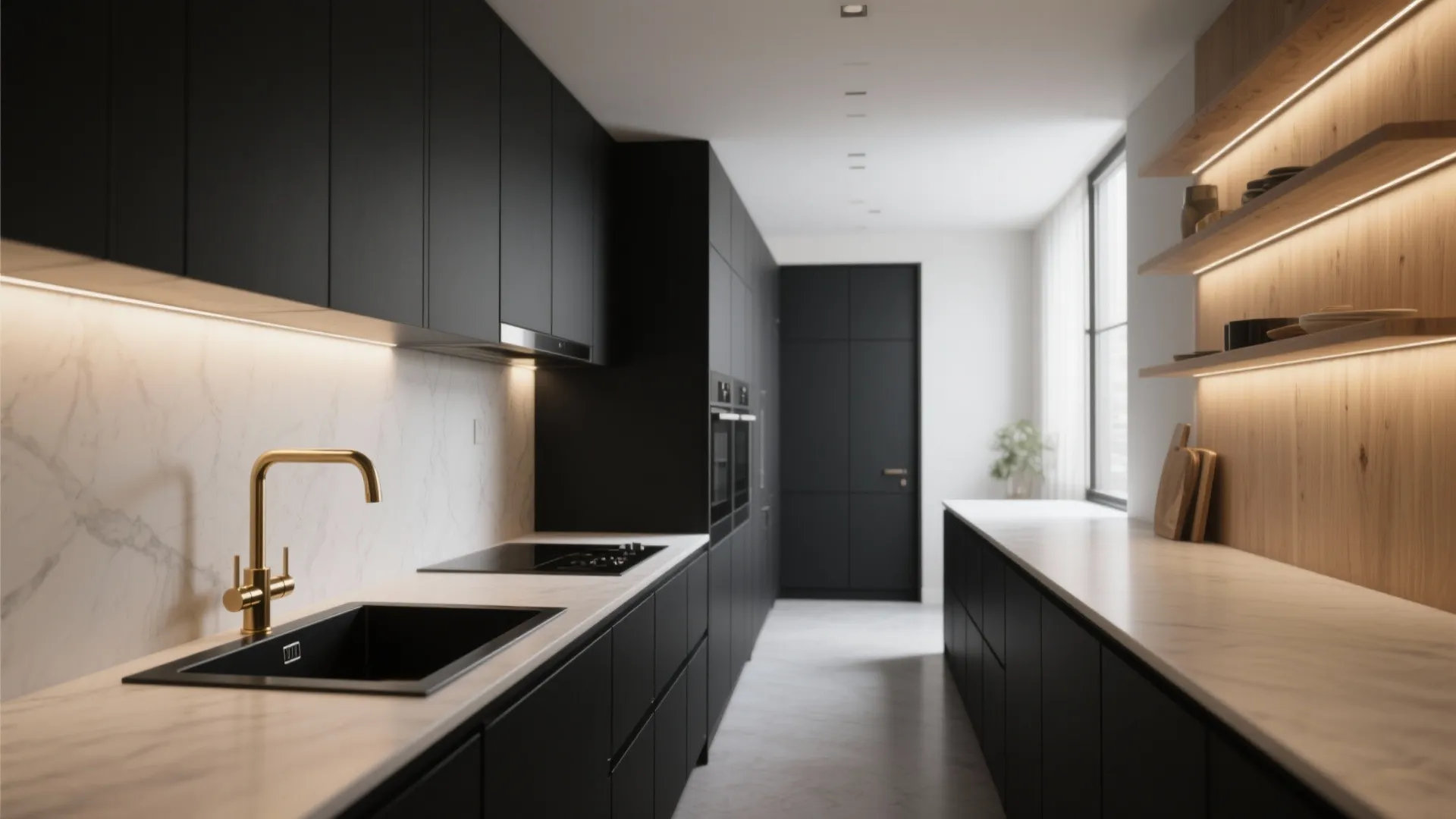 Compact galley kitchen with all-black cabinets and a single brass faucet as focal point.