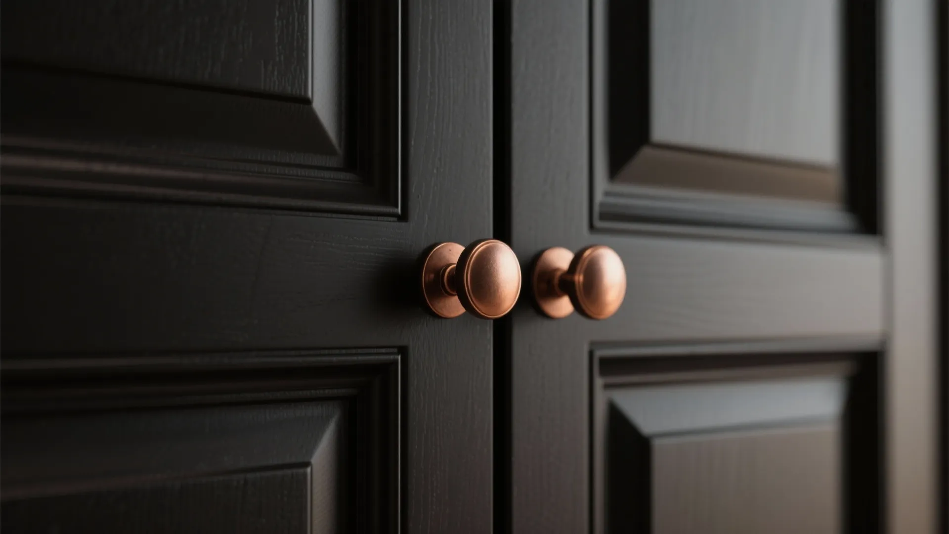 Elegant black wooden cabinet doors featuring two round copper knobs with classic raised panel details