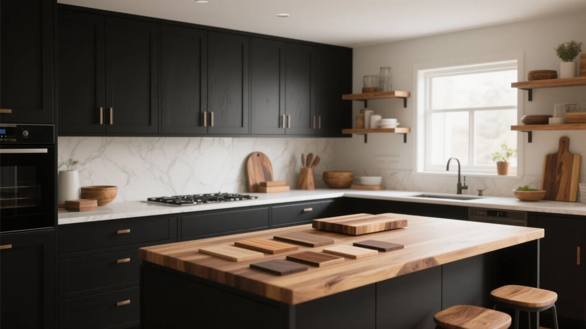 1. Black Cabinets with Warm Wood Accents