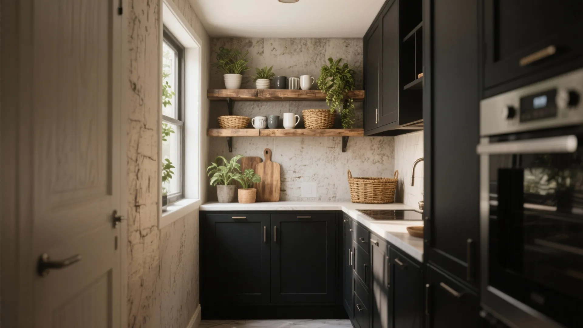 1. Black cabinets + reclaimed wood open shelves