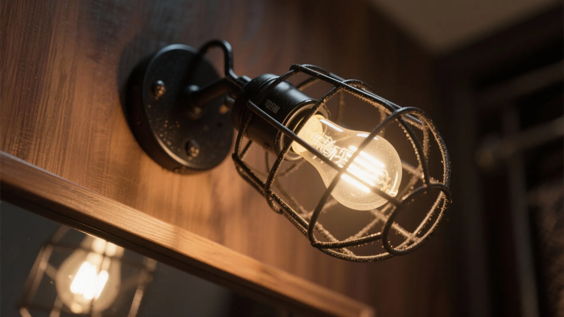 Industrial style black wall light with metal cage design and glowing bulb on wooden wall