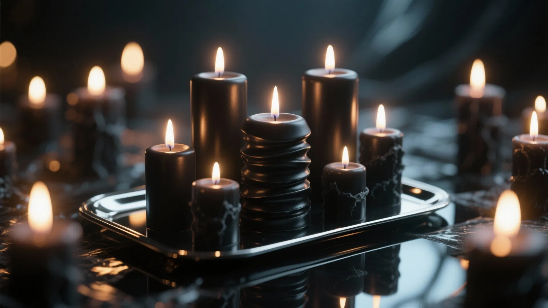 Group of lit black candles on a silver tray creating a dark and moody atmosphere