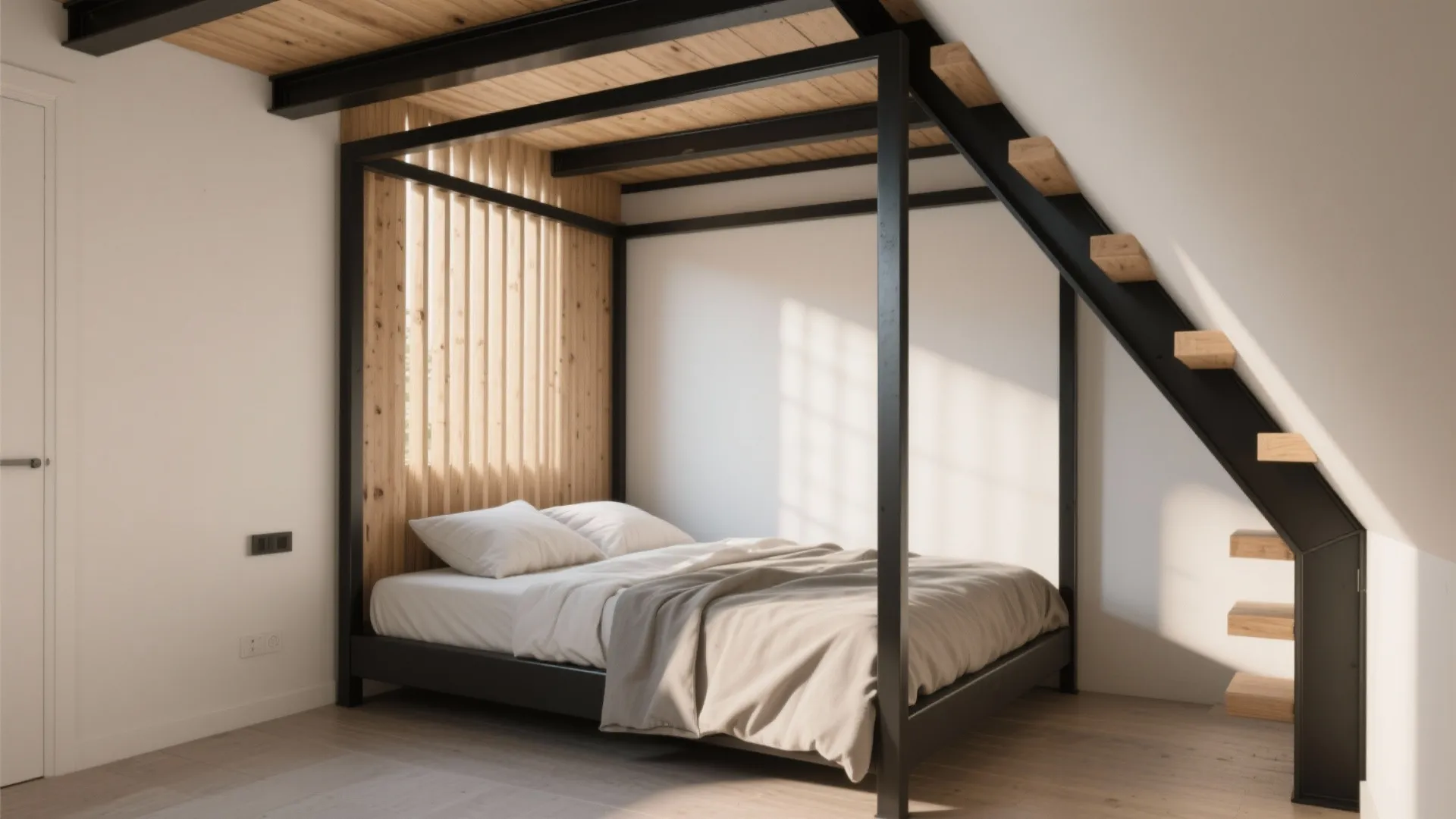 Loft bedroom with a thin black metal canopy frame and raw wood slats creating a cozy sleeping nook