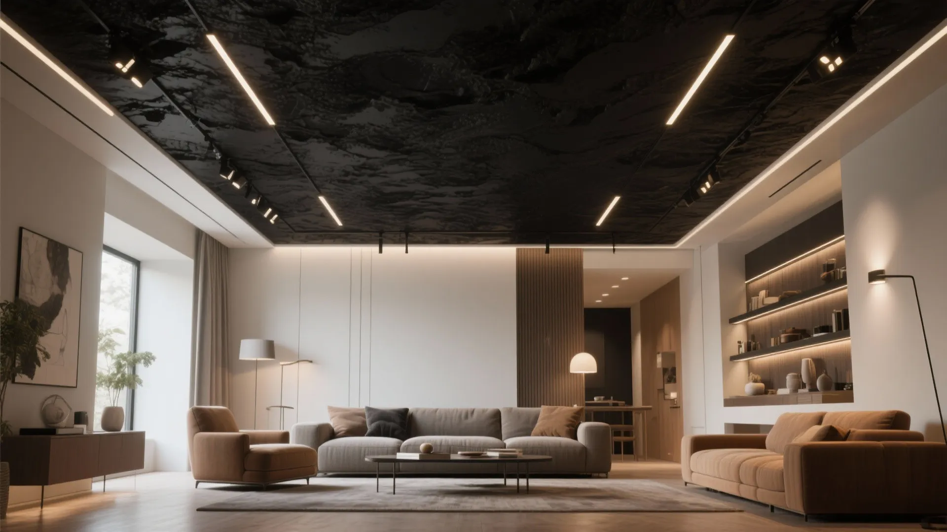 Living room with a dramatic black ceiling, layered track lighting, and contrasting light walls and warm furnishings.