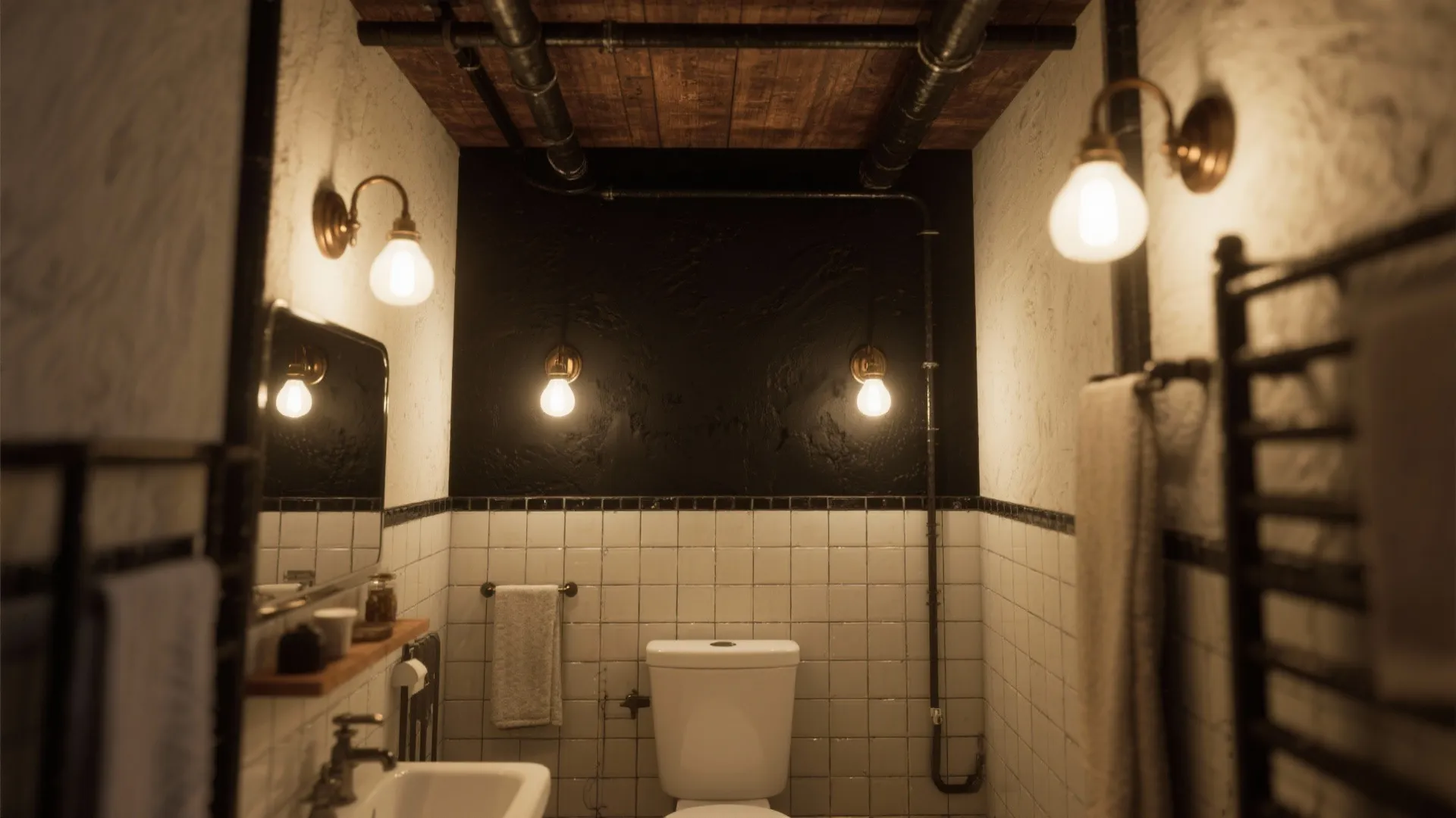 Industrial bathroom design with white tiles black accent wall wood ceiling and warm wall lights