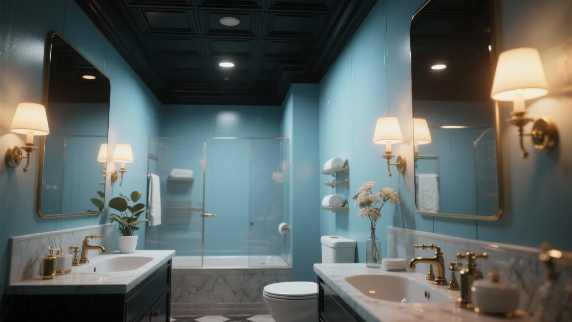 Classic bathroom with blue walls and black ceiling and gold faucets and white marble counters
