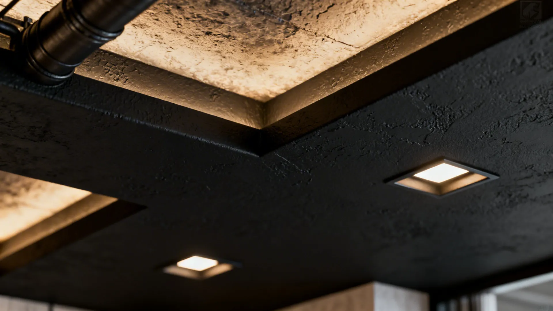 Close-up of exposed ducts and textured plaster painted matte black to disguise imperfections.