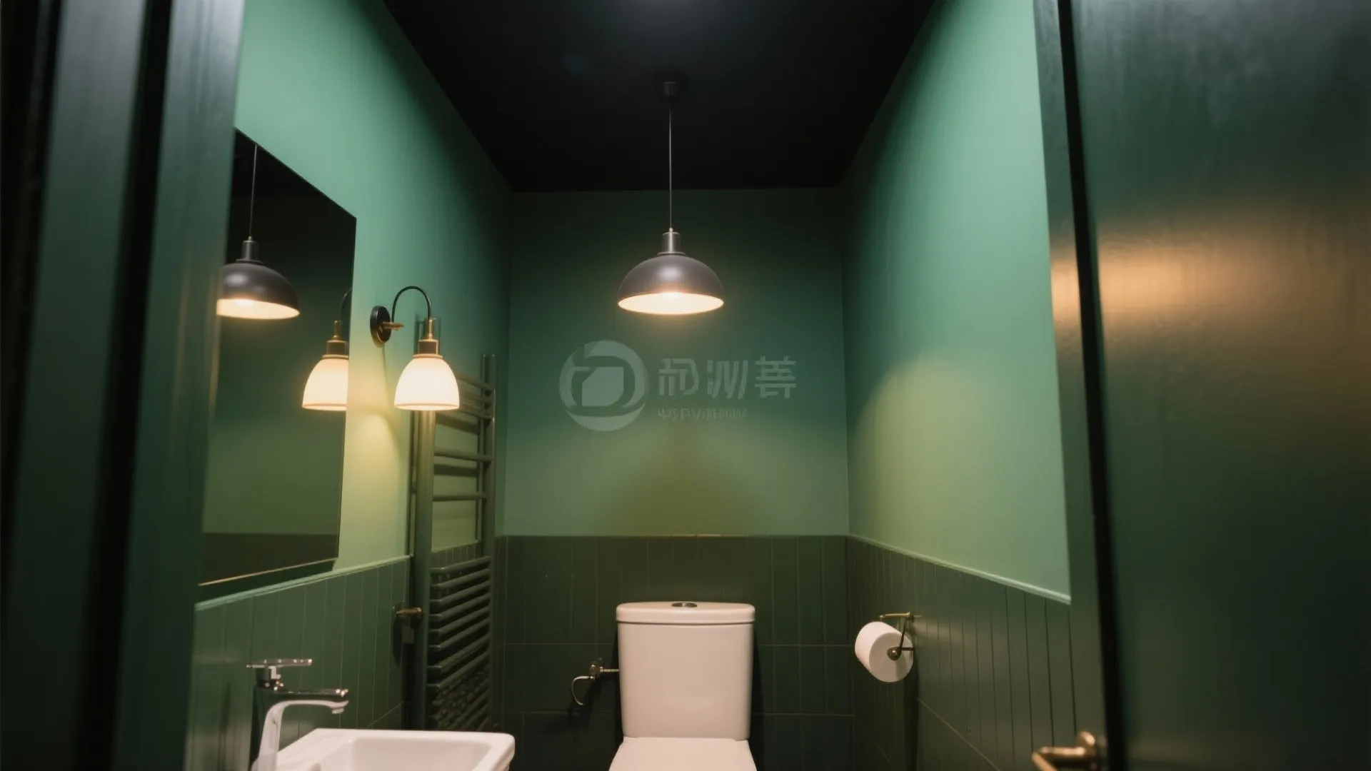 Modern bathroom with green walls black ceiling hanging ceiling light white toilet and wall light