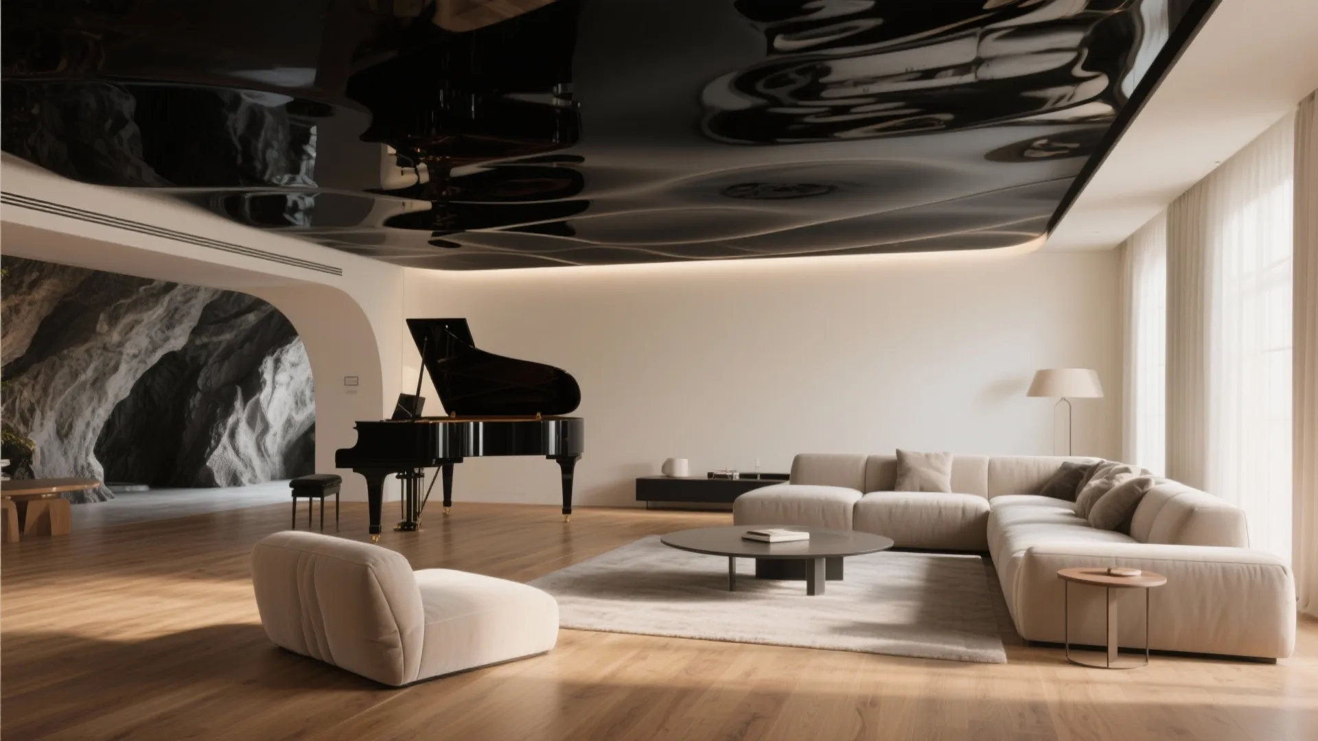 Spacious interior design with black glossy ceiling grand piano large sofa and warm wood flooring