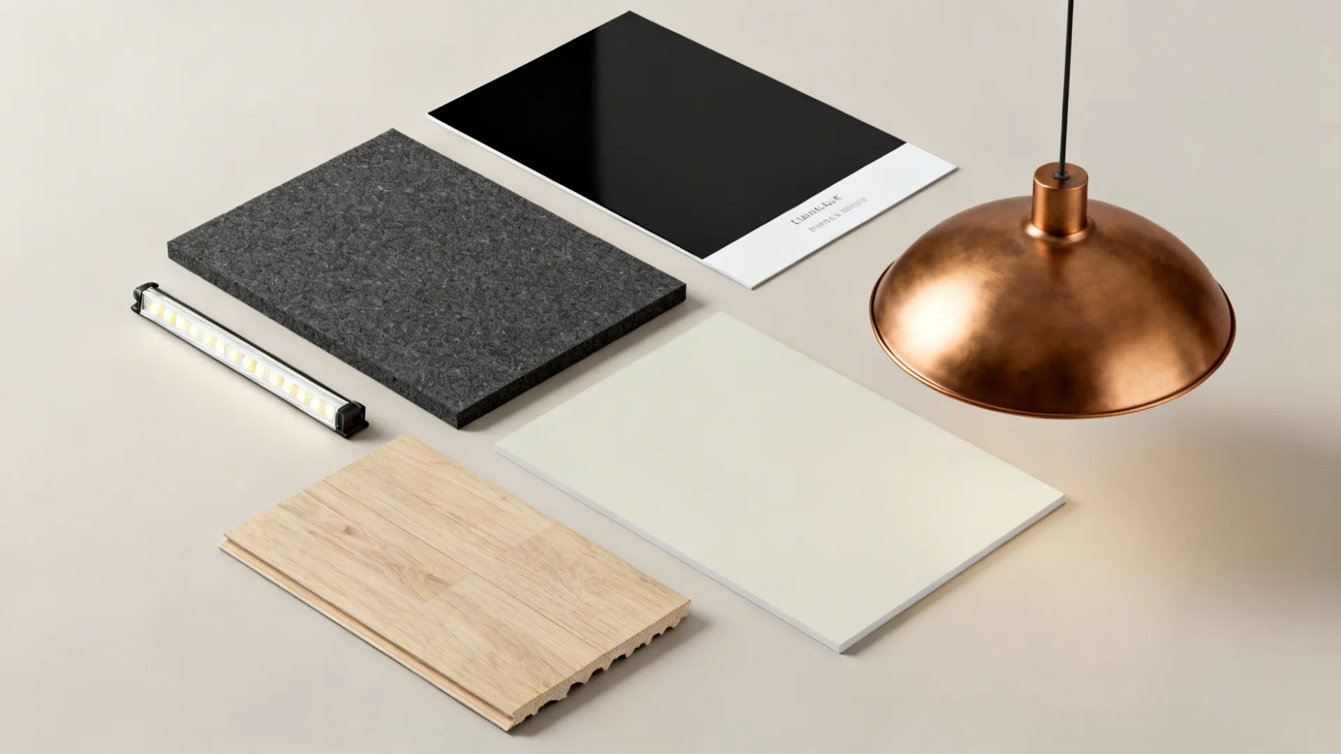 Flatlay of matte and gloss black paint swatches, acoustic tile and lighting samples for testing black ceiling designs.