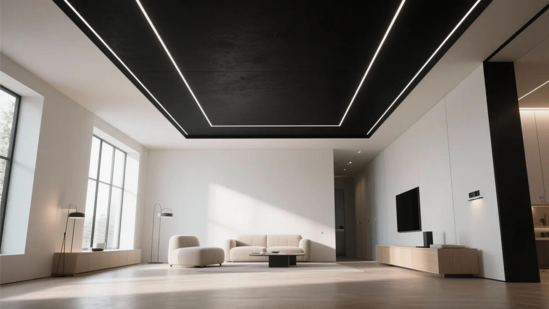 Modern living room with a black ceiling light fixture white walls and minimalist sofa furniture design
