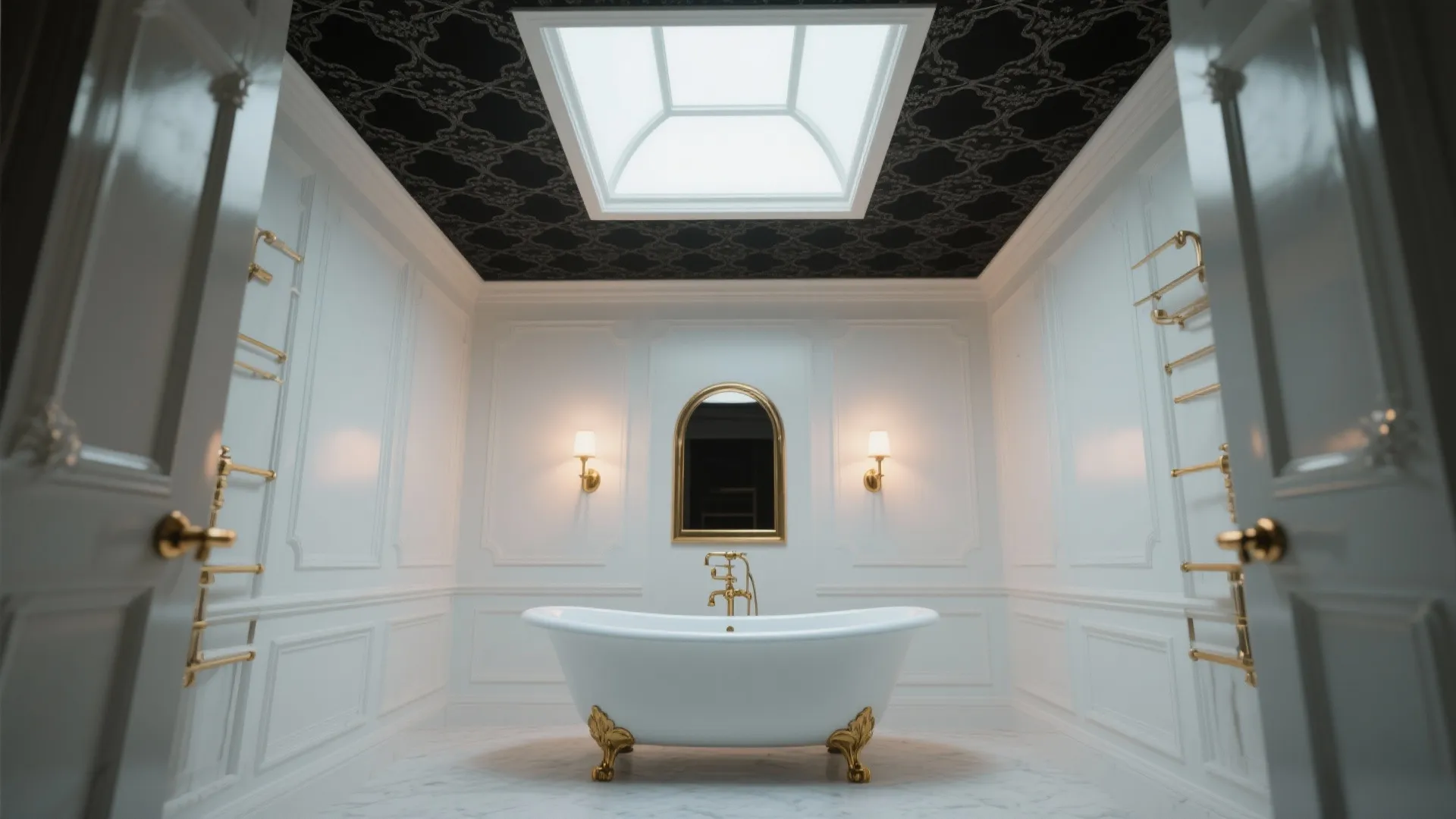 Freestanding tub under a subtle black-on-black patterned wallpapered ceiling with warm lighting.