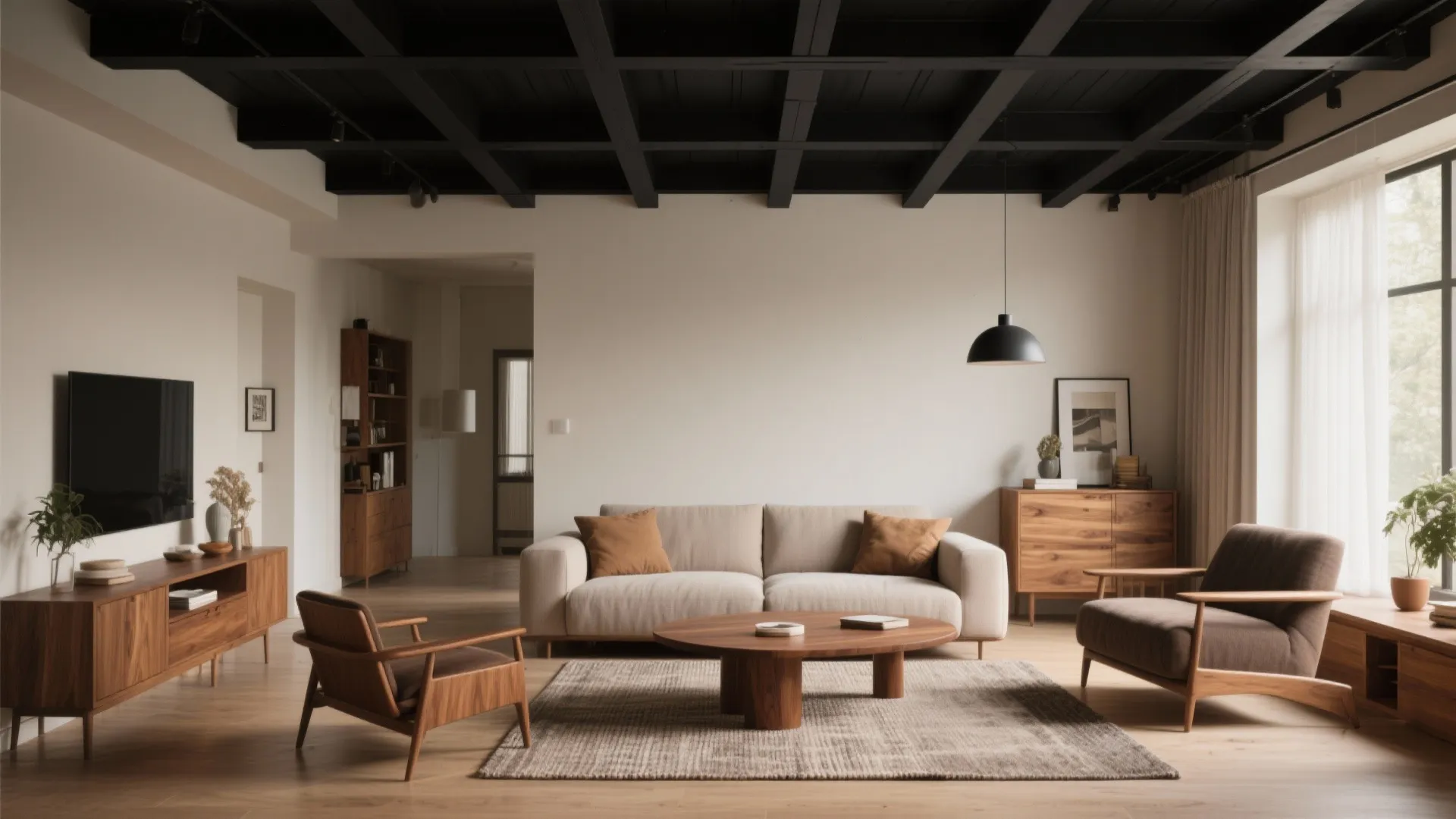Modern living room featuring black wood beam ceiling cream sofa wood furniture and round coffee table