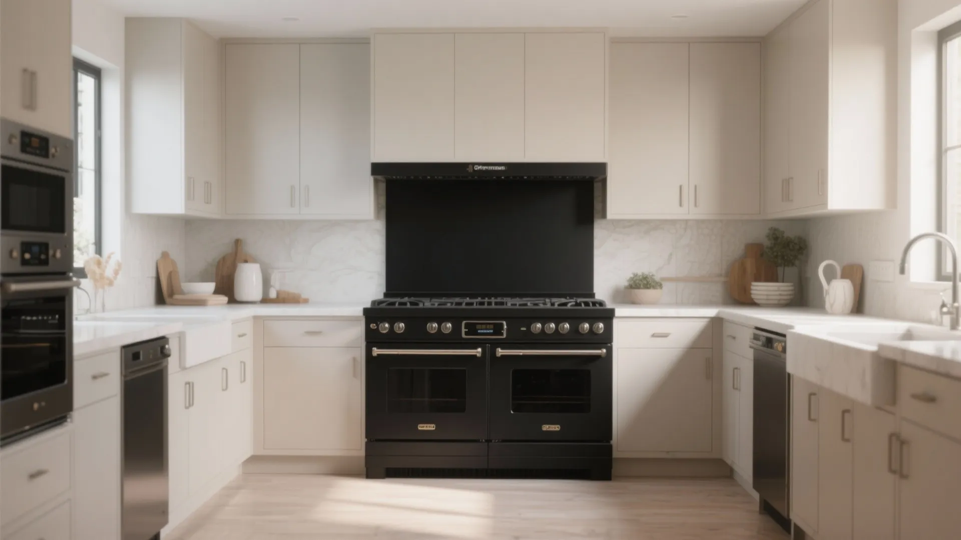 Modern cream kitchen interior with black stove and oven set against white marble wall panels