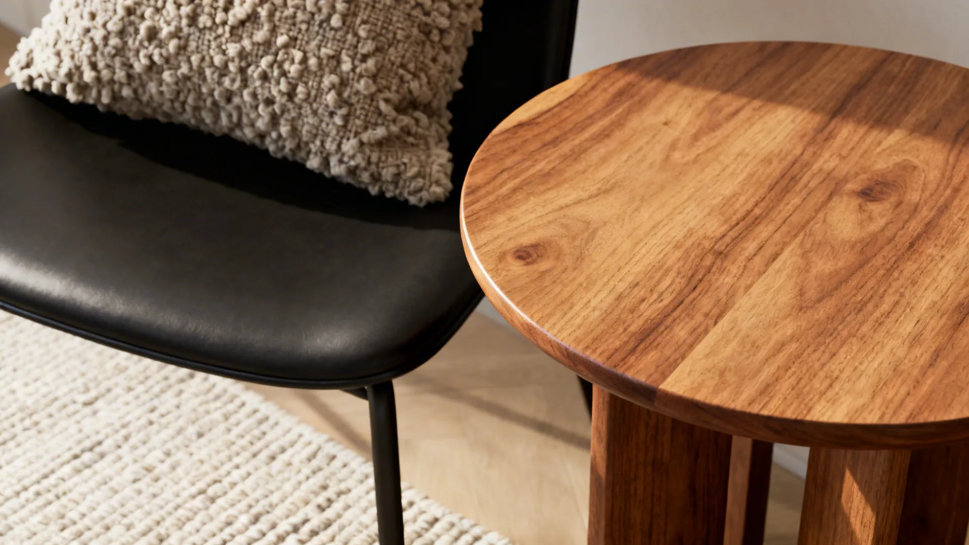 Close-up of a black chair next to a warm oak side table with textured cushion.