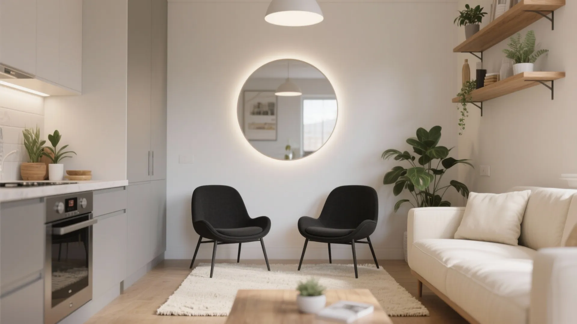 3. Anchor the seating with a light rug and reflective surfaces