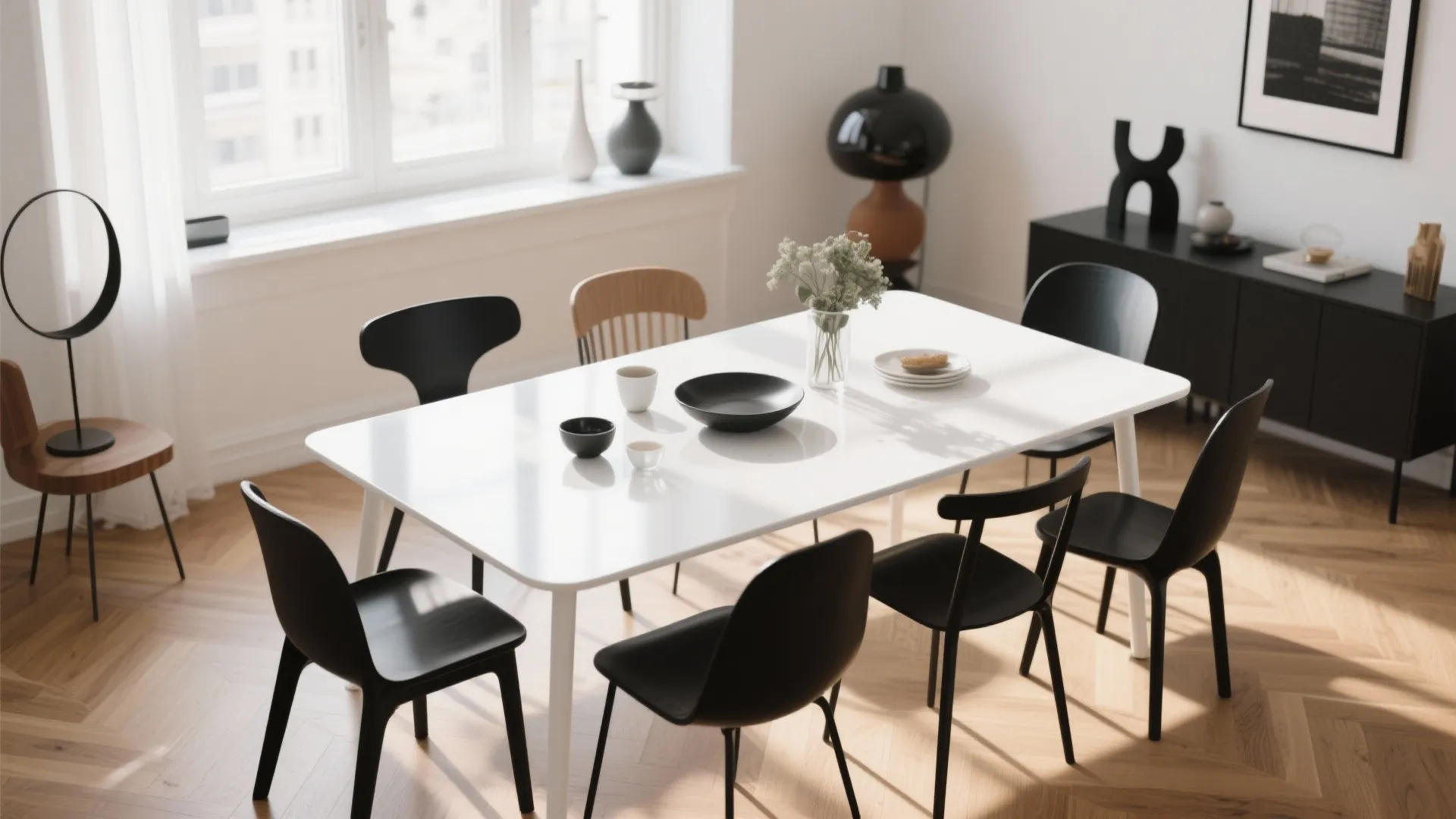 White dining table with black chairs on wooden floor in bright room with black cabinet