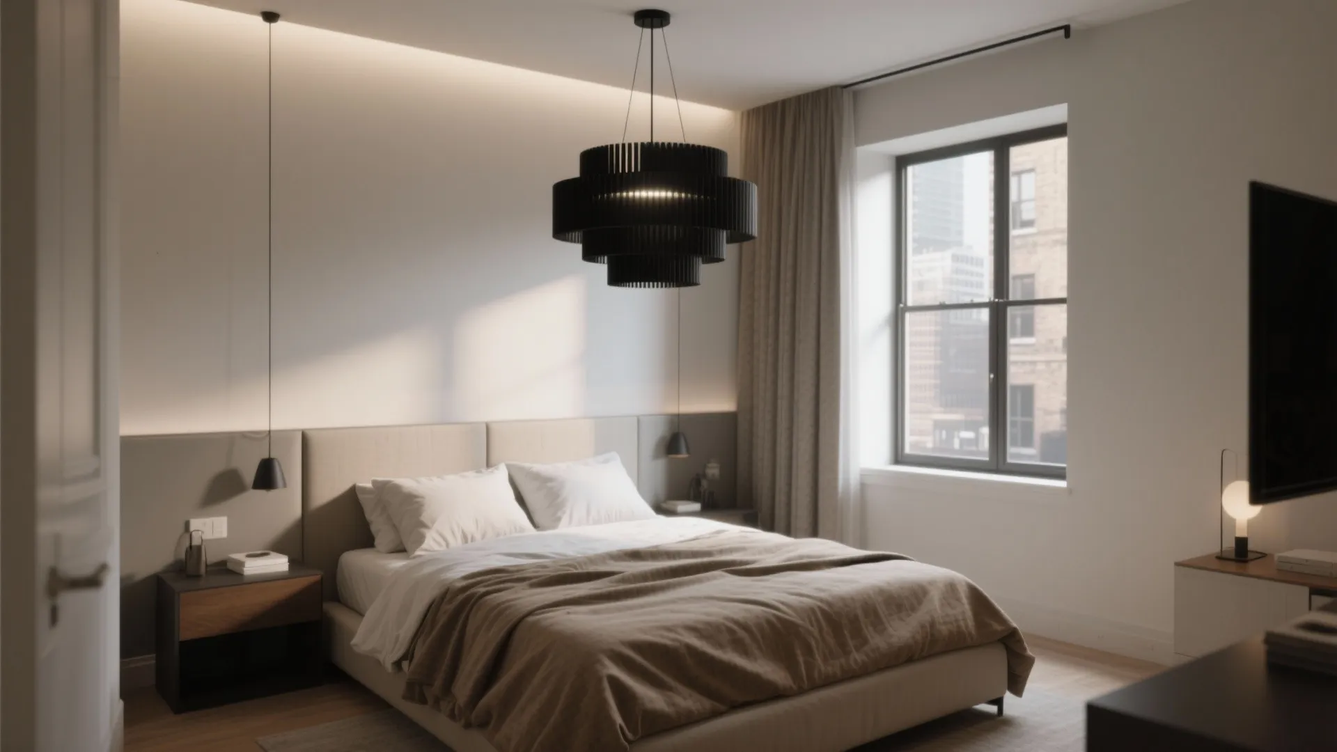 Modern bedroom featuring a large black tiered ceiling light hanging over a bed with sheets