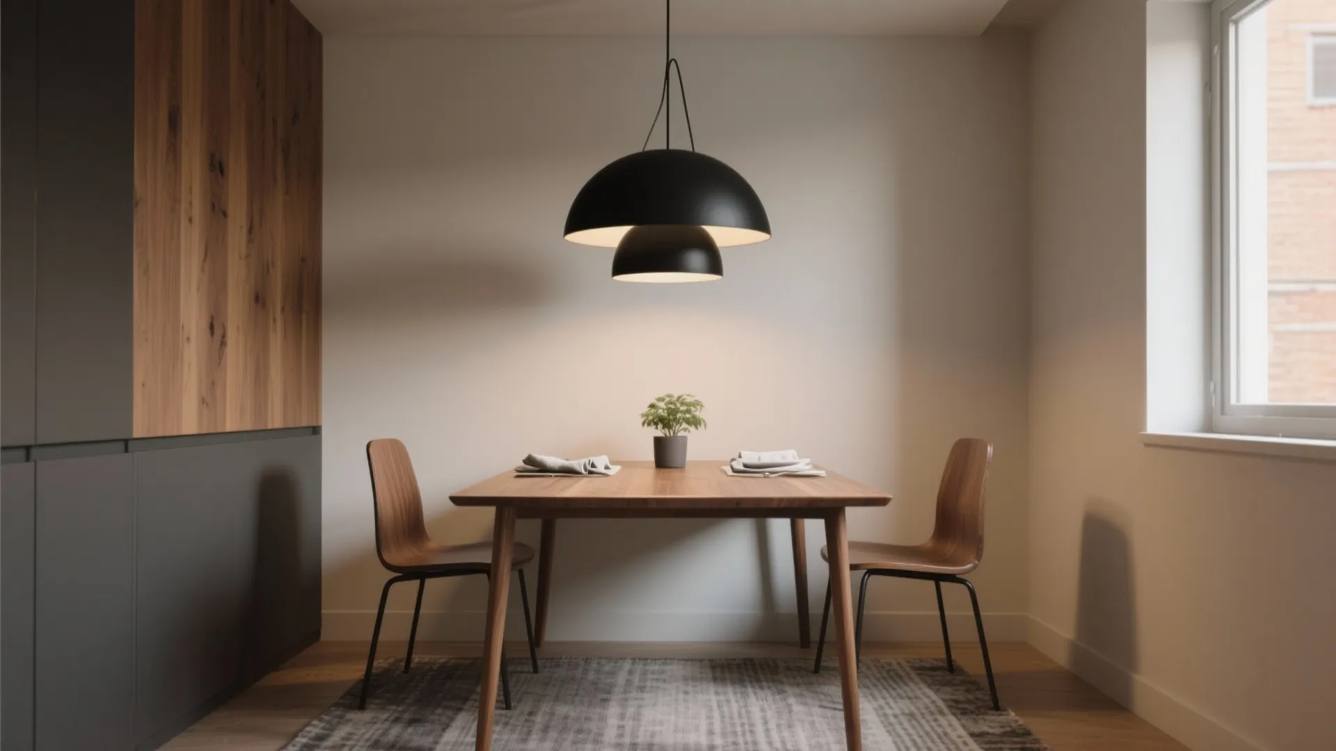 Minimalist dining area featuring wooden table, two chairs, small green plant, large black ceiling light