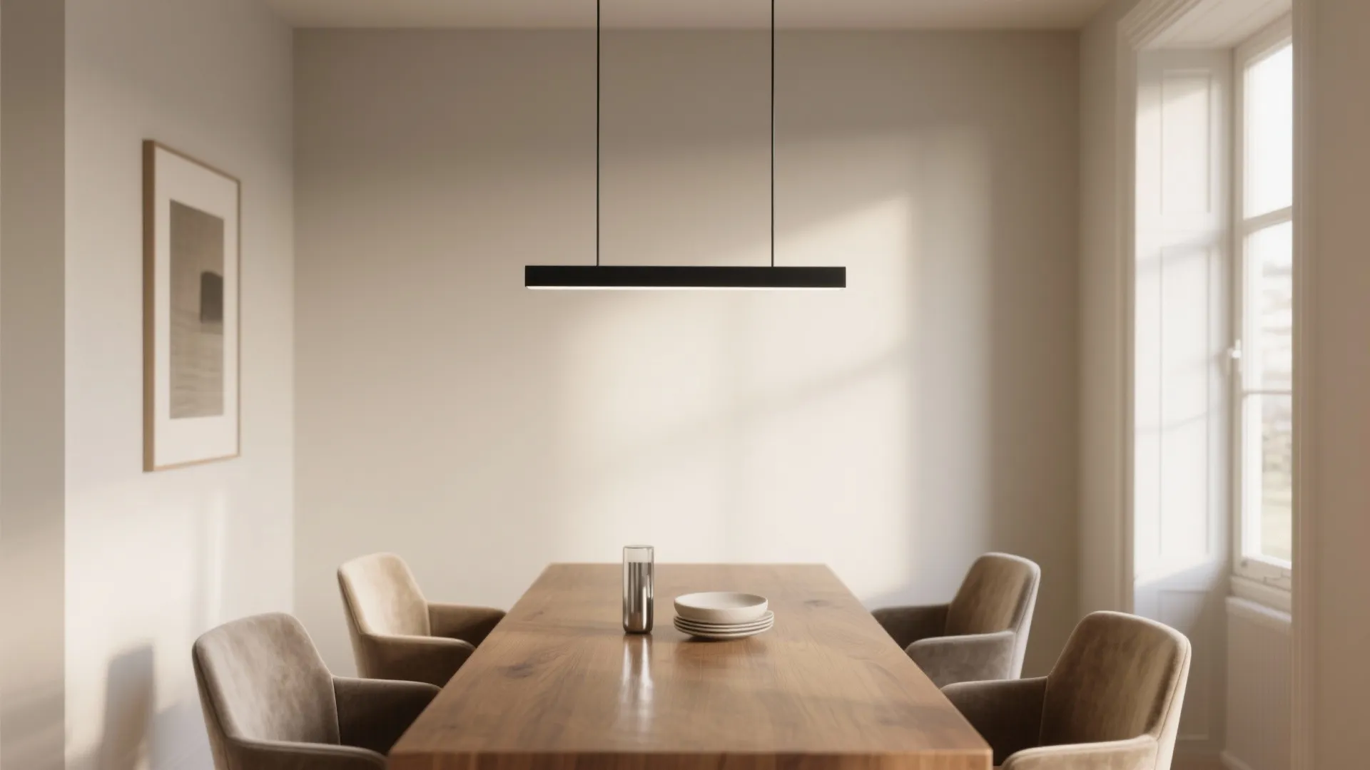 Minimalist dining room featuring black linear ceiling light over wooden table and soft velvet chairs