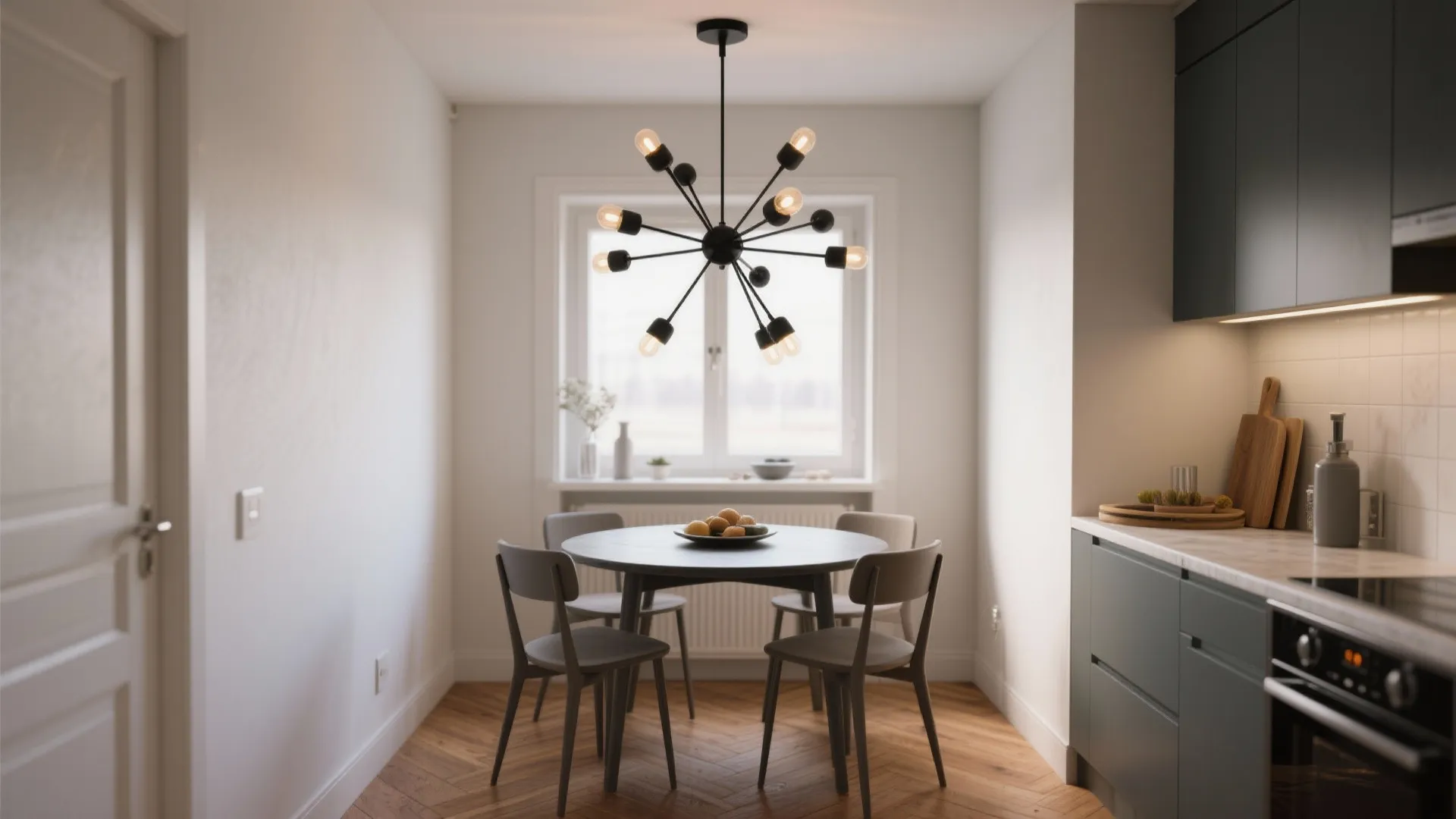 Small dining area featuring black ceiling light and round table with four grey chairs inside